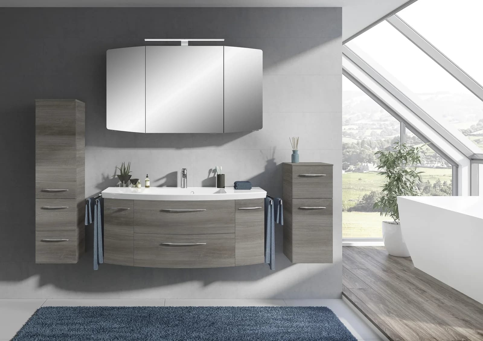 Badmöbel-Set SAPHIR "Cassca Sprint" 4-teilig Mineralmarmor-Waschtisch mit LED-Spiegelschrank, Grau