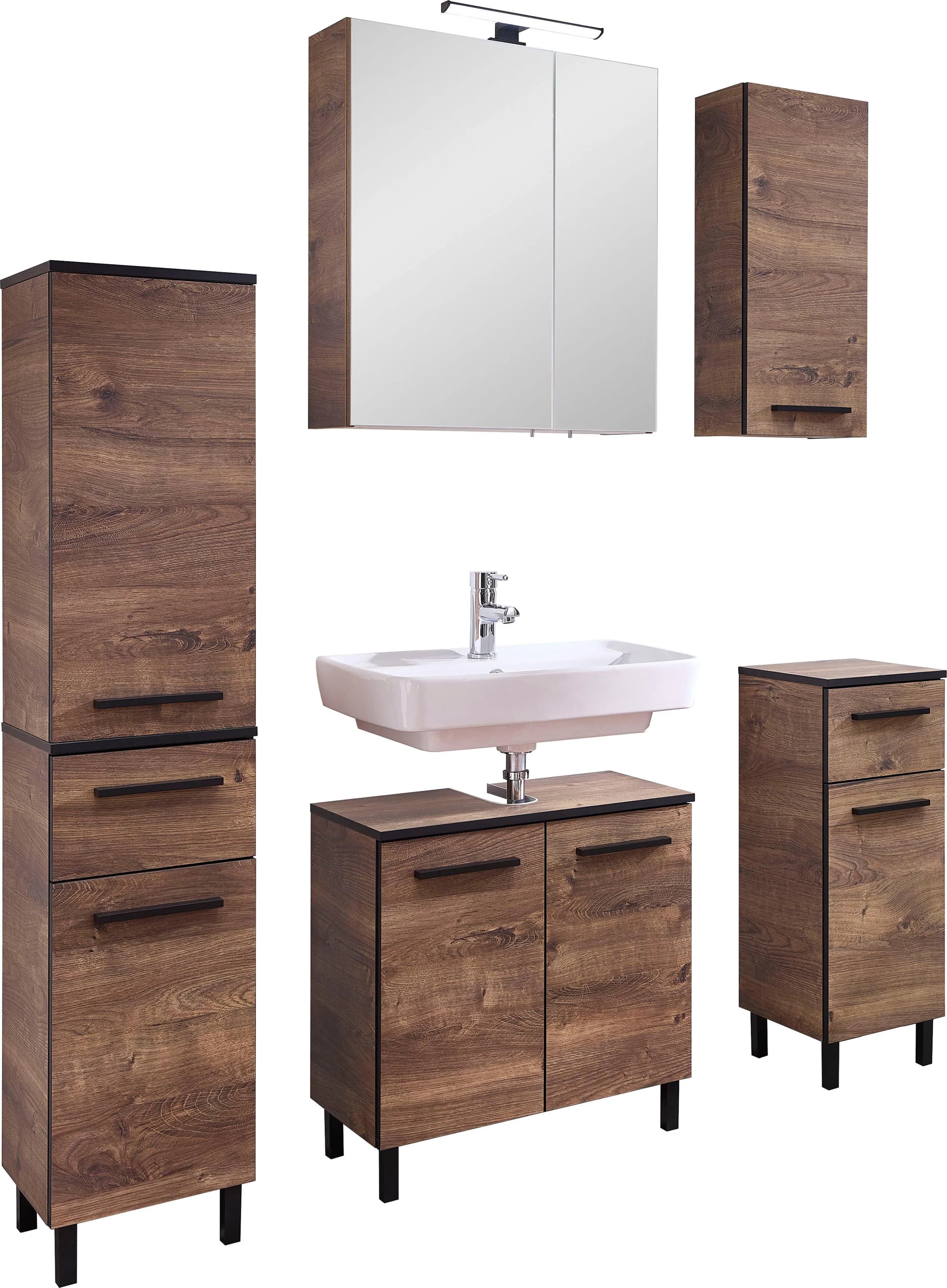 Badmöbel-Set SAPHIR Quickset 374 5-teilig mit LED-Spiegelschrank Braun