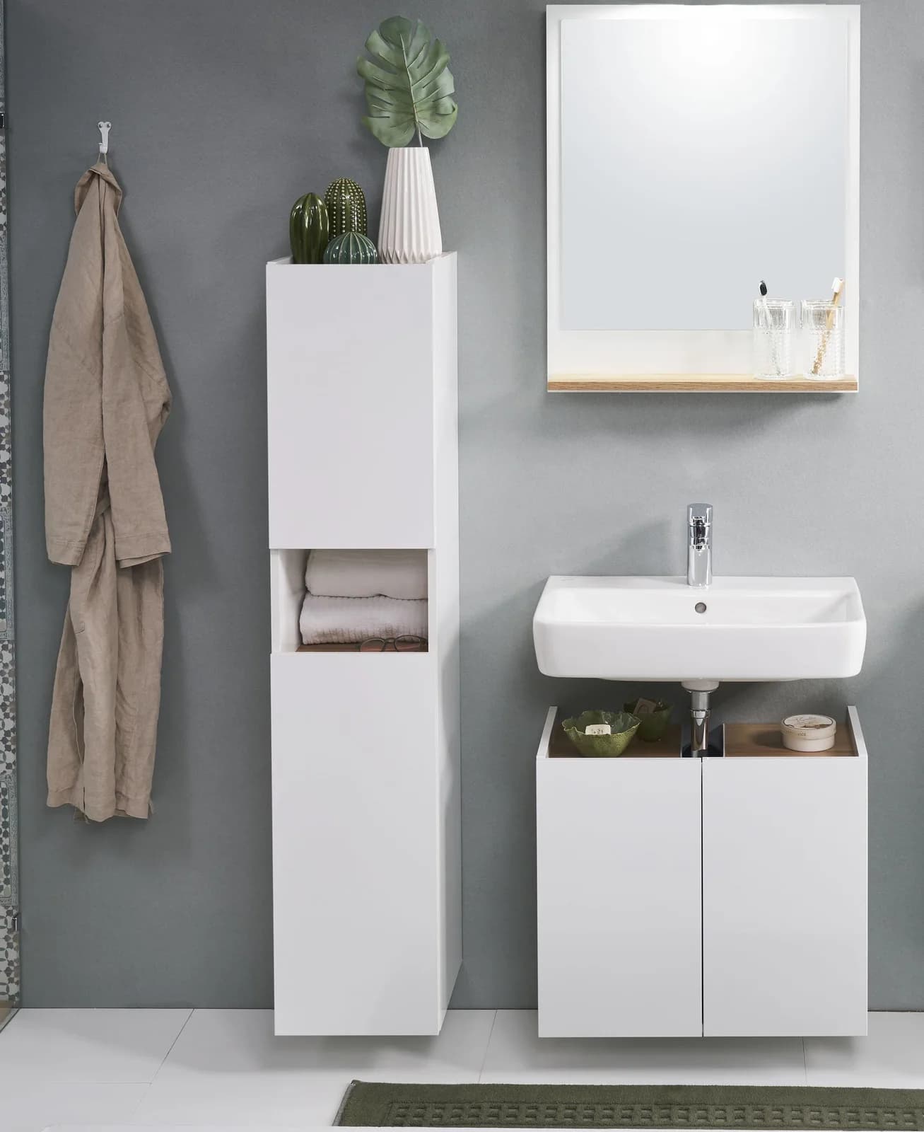 Badmöbel-Set SAPHIR Quickset 947 3-teilig Weiß Glanz Riviera Eiche Quer Nachbildung