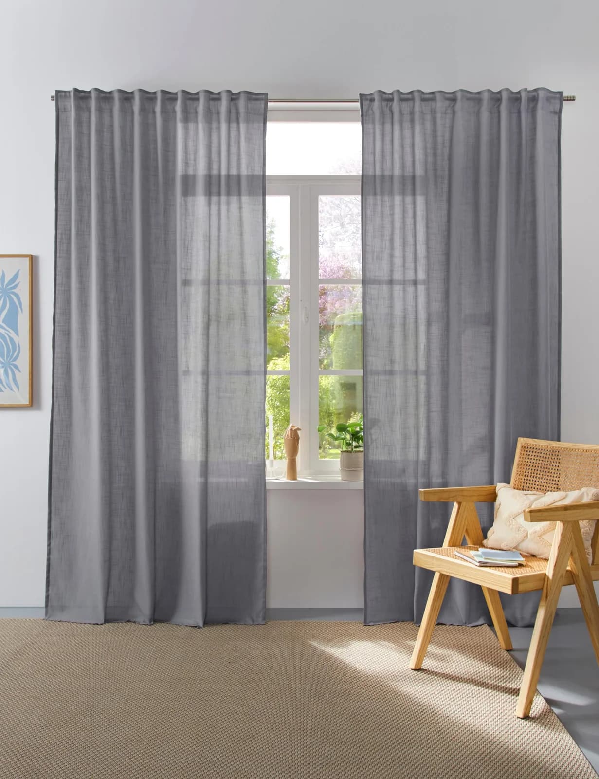 Halbtransparente Gardine in grau, Polyester mit Leinenstruktur, 140x245 cm