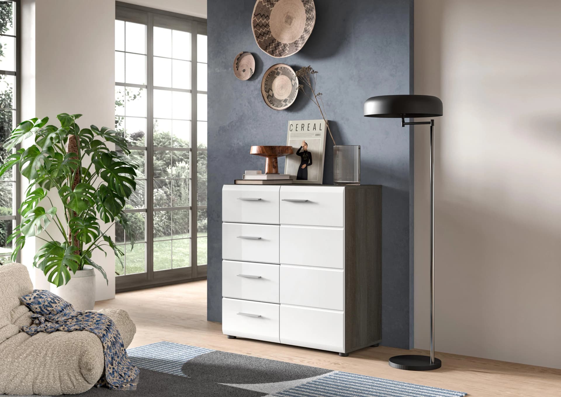 INOSIGN Kommode Rumba 80 cm Rauchsilber Nachbildung Weiß Hochglanz