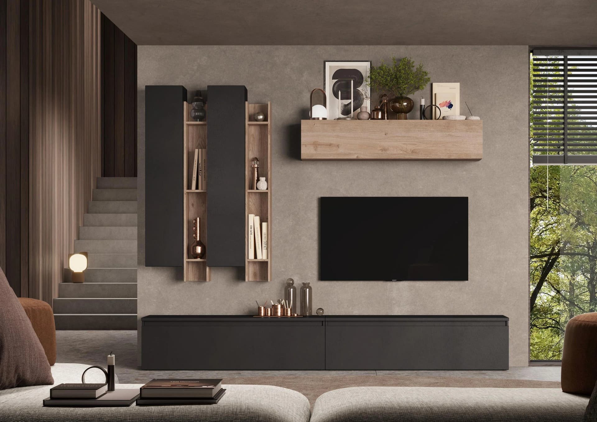 HOME AFFAIRE Infinity Wohnwand 7-tlg. Schwarz/Braun Grifflos