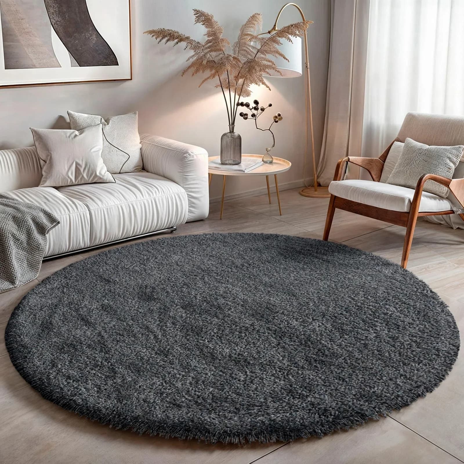 OTTO HOME Banji Hochflor-Teppich Grau Rund 150cm