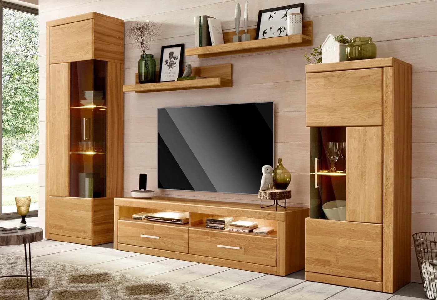 OTTO HOME Ribe Wohnwand Set 5-tlg. Eiche teilmassiv mit Glas