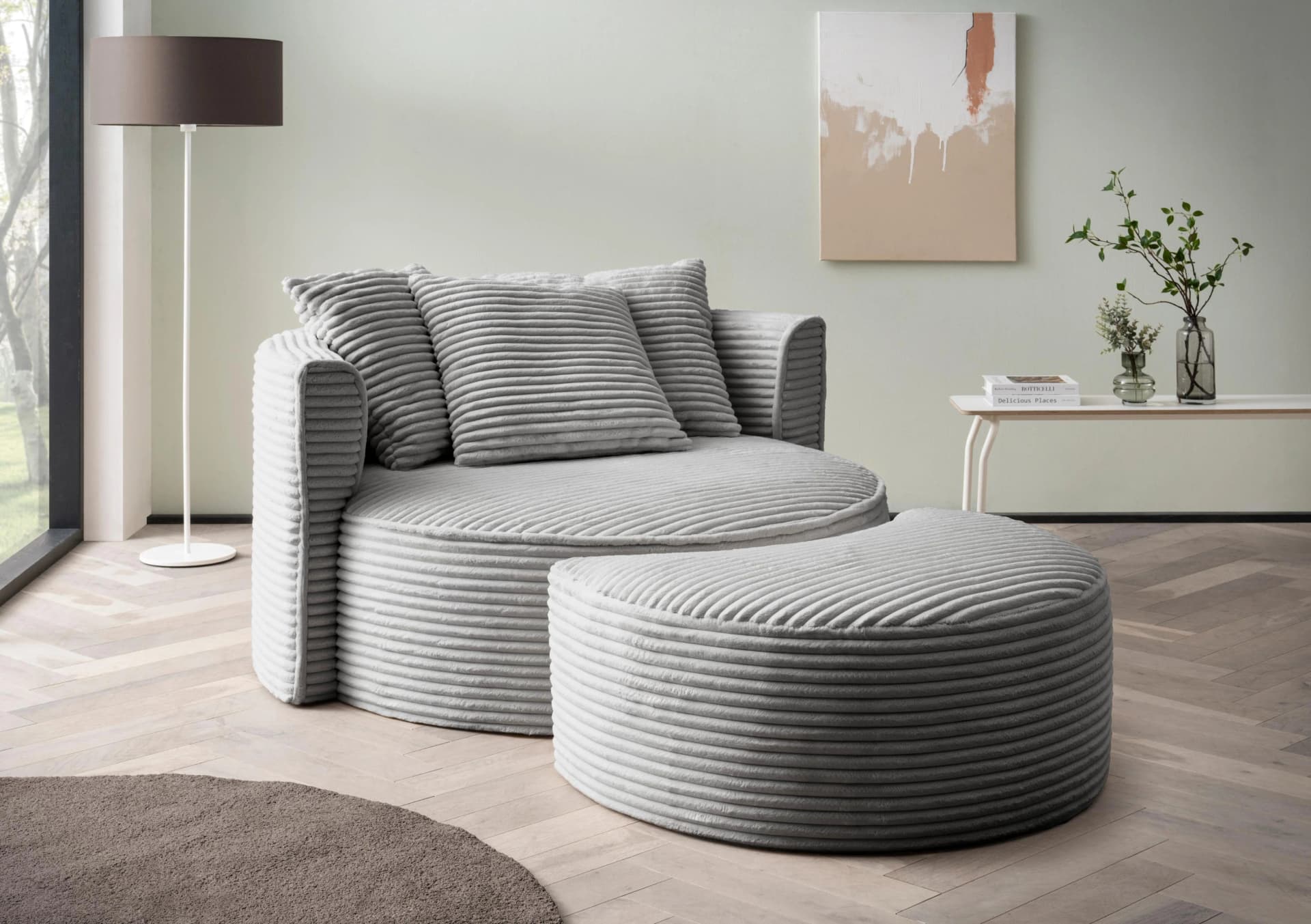 LeGer Home ISALIE XXL-Sessel mit Hocker Hellgrau Cord