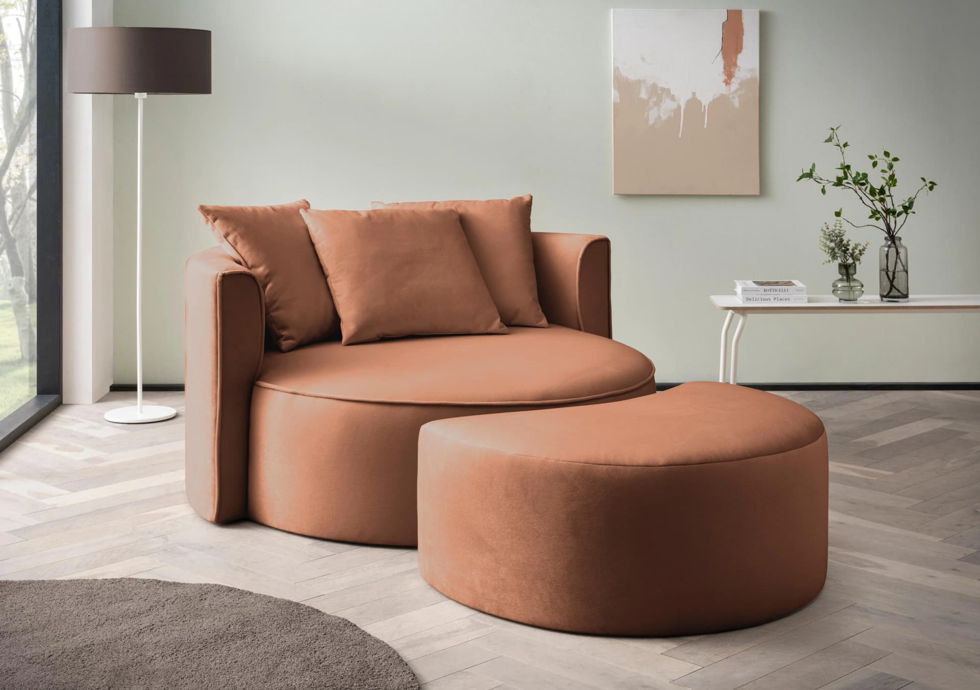 LeGer Home XXL-Sessel ISALIE mit Hocker und Kissen Braun