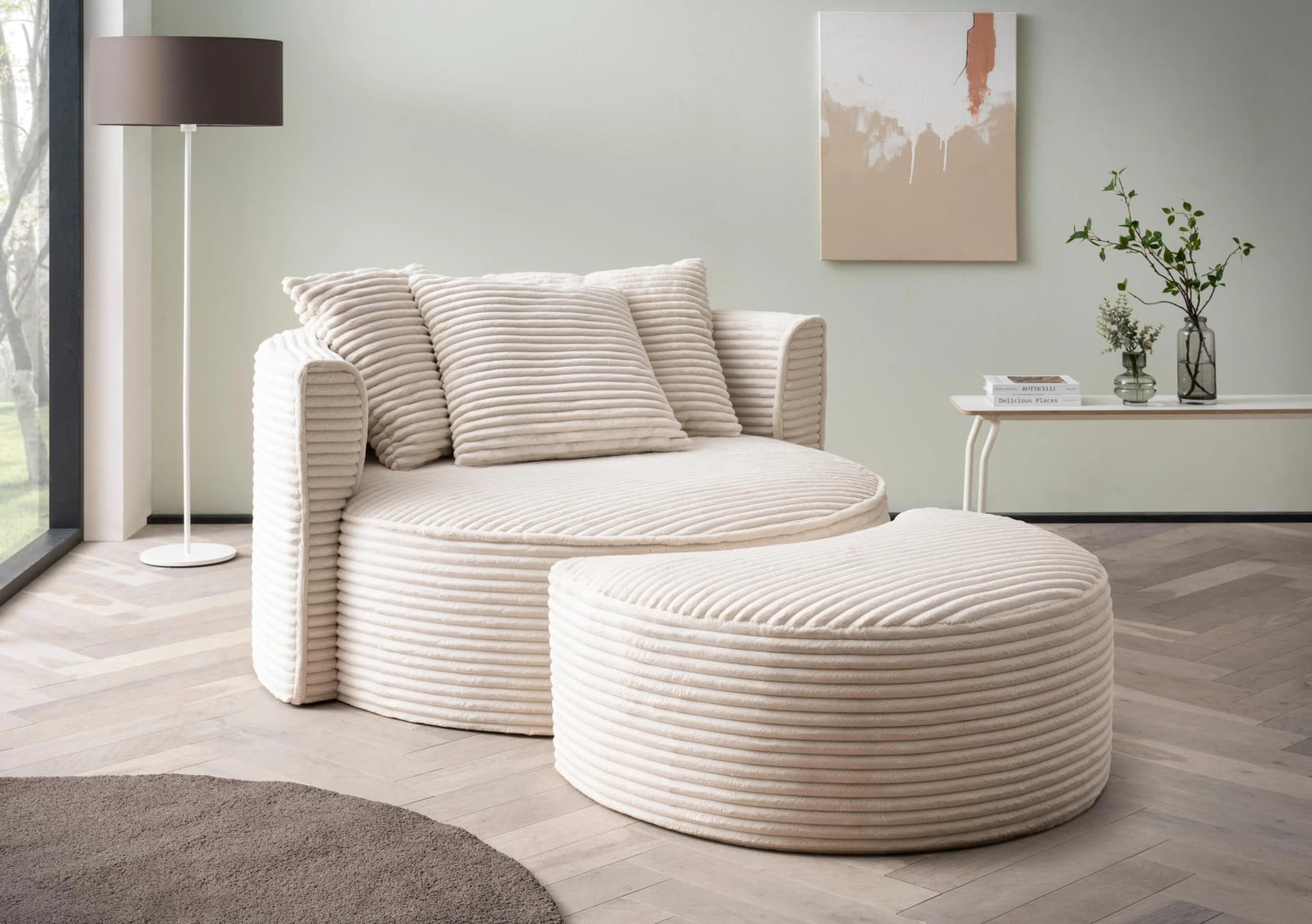 LeGer Home ISALIE XXL-Rundsessel mit Hocker und 3 Kissen Beige