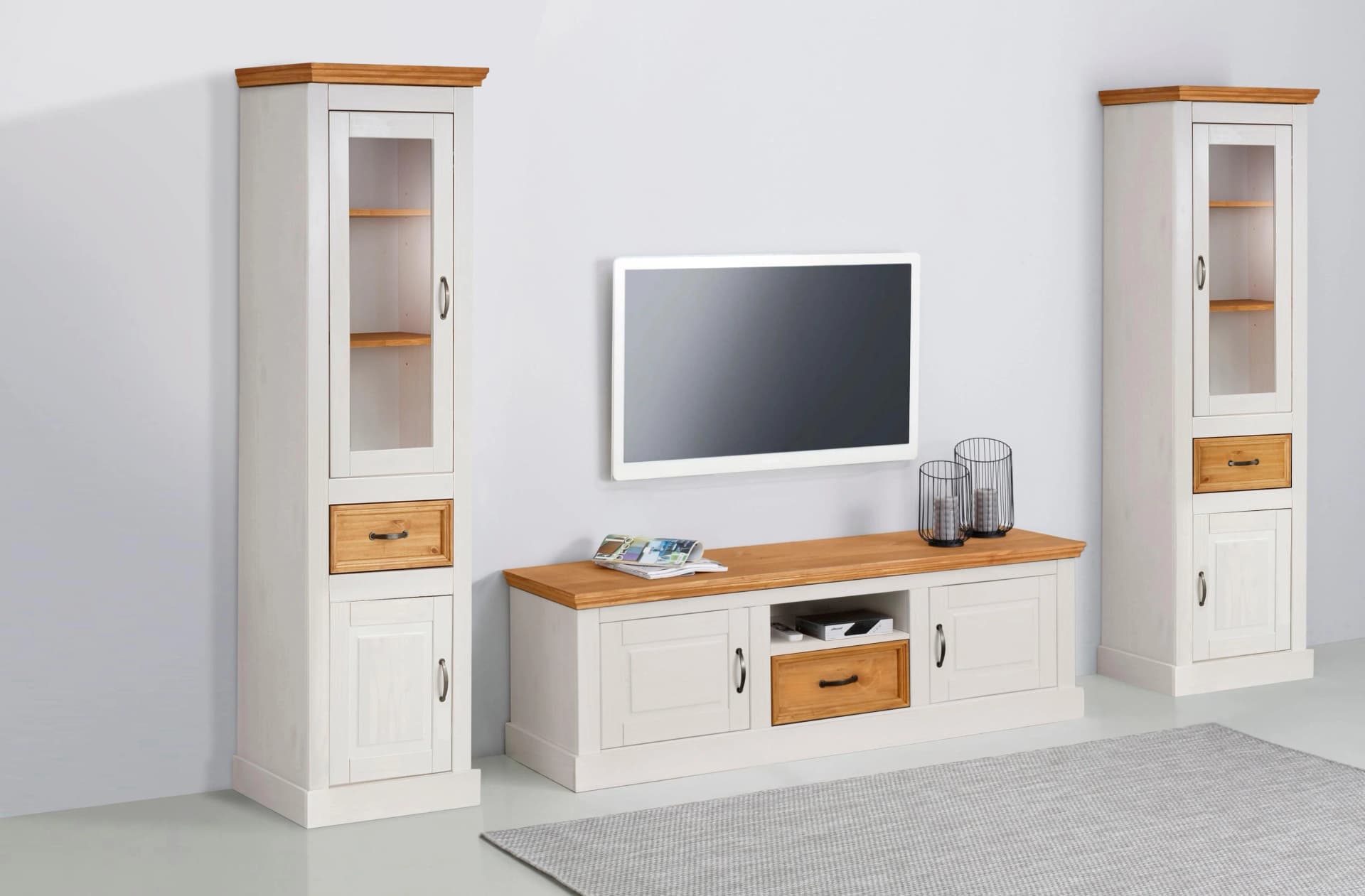 OTTO HOME Wohnwand Selma Weiß Massivholz 2 Vitrinen Lowboard