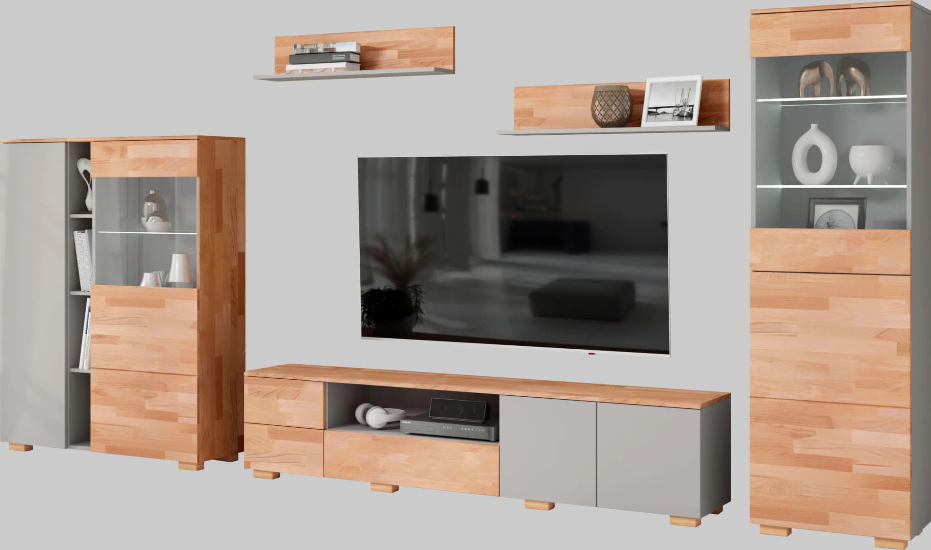 Wohnwand HOME AFFAIRE Braun und Grau Massivholz