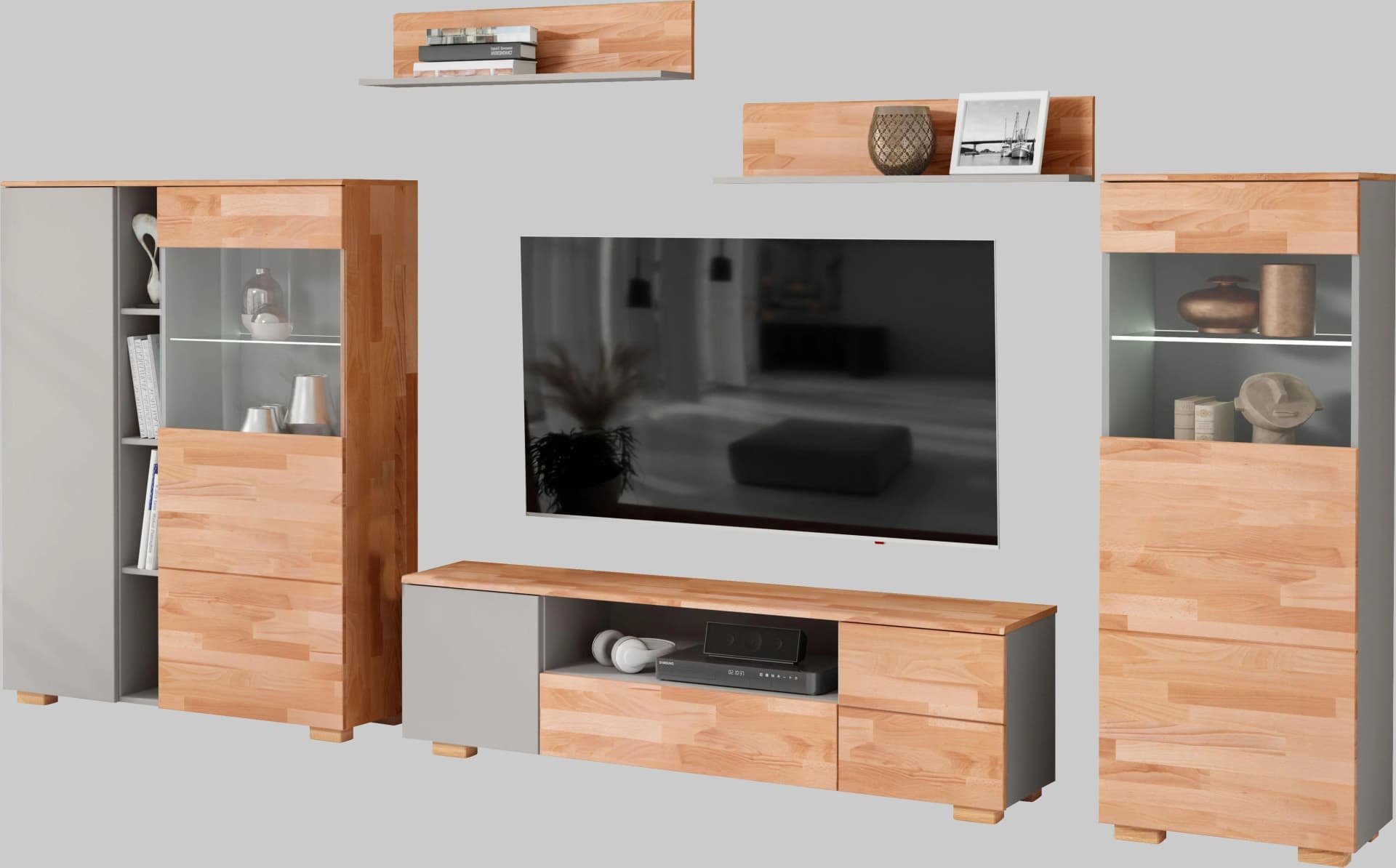 Wohnwand HOME AFFAIRE Braun und Grau mit Highboard, TV-Lowboard und Vitrine