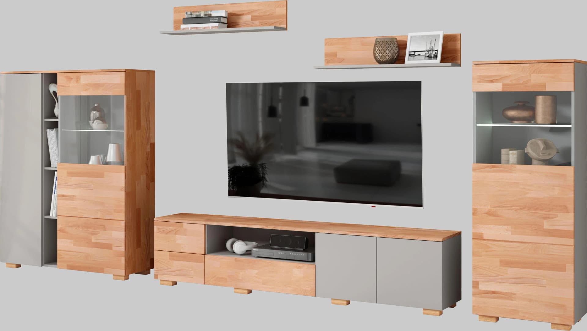 Wohnwand HOME AFFAIRE Braun und Grau Holzwerkstoff Massivholz