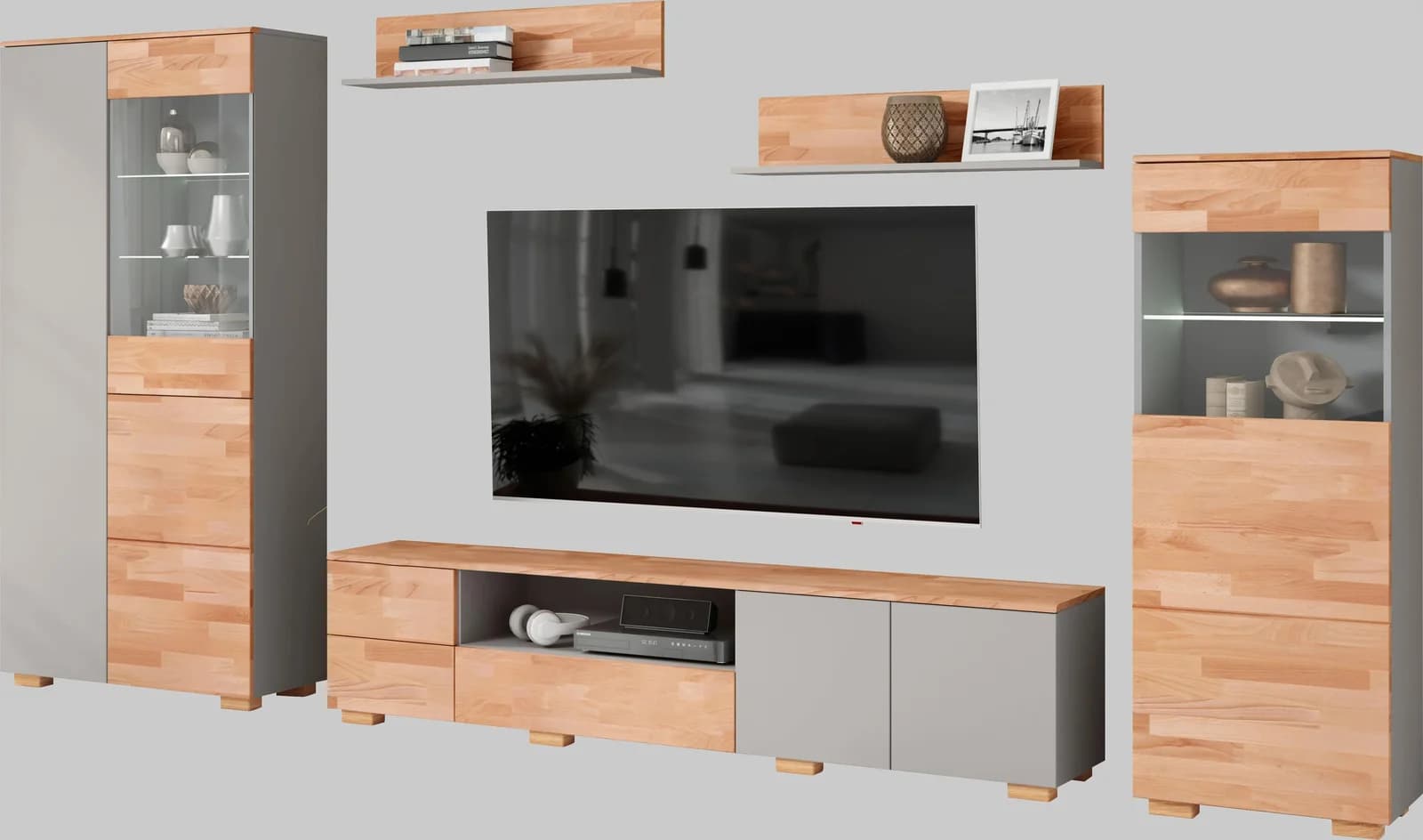 Wohnwand HOME AFFAIRE Braun und Grau Holzwerkstoff Massivholz
