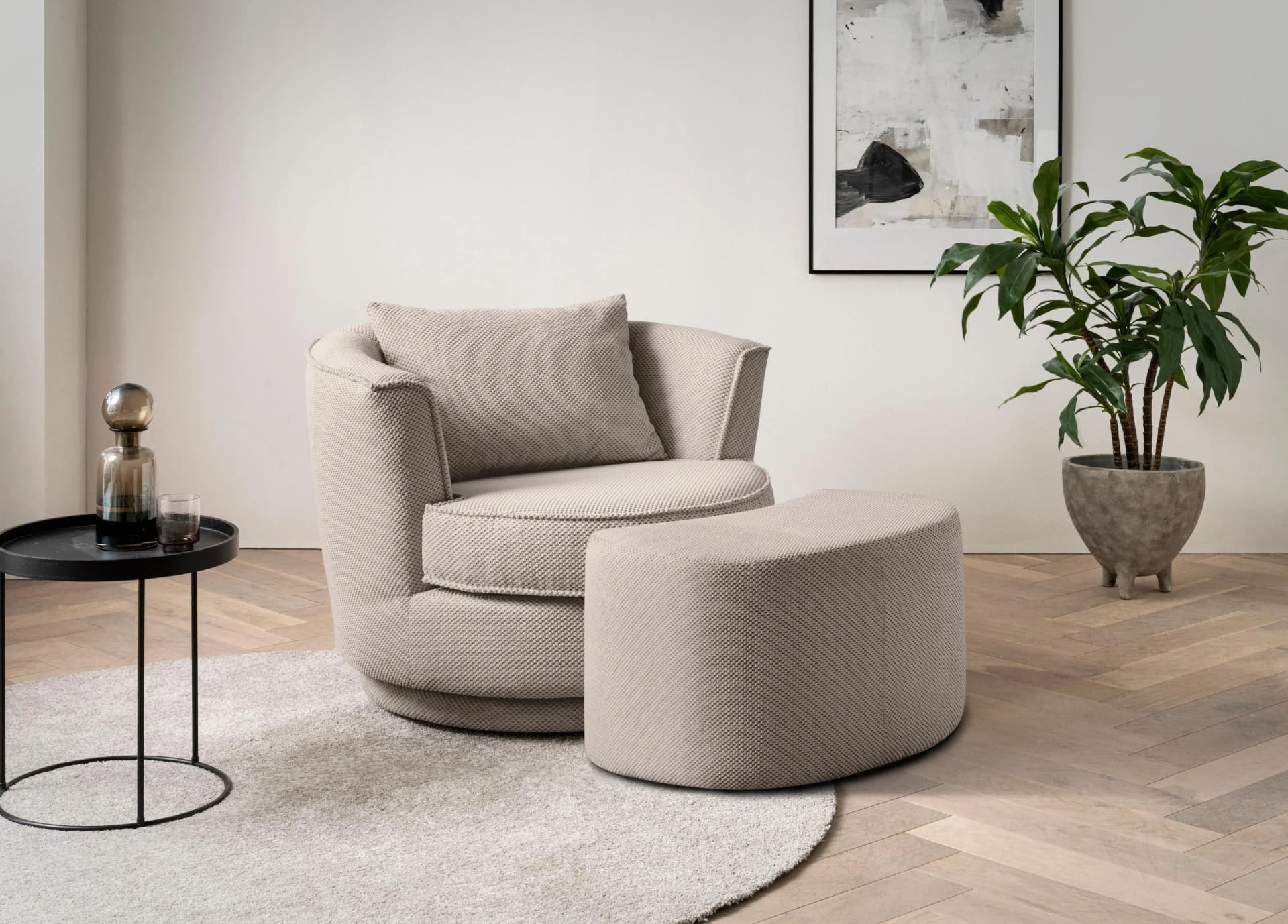 HOME AFFAIRE MAISIE Drehsessel mit Hocker Beige MEGA-Cord