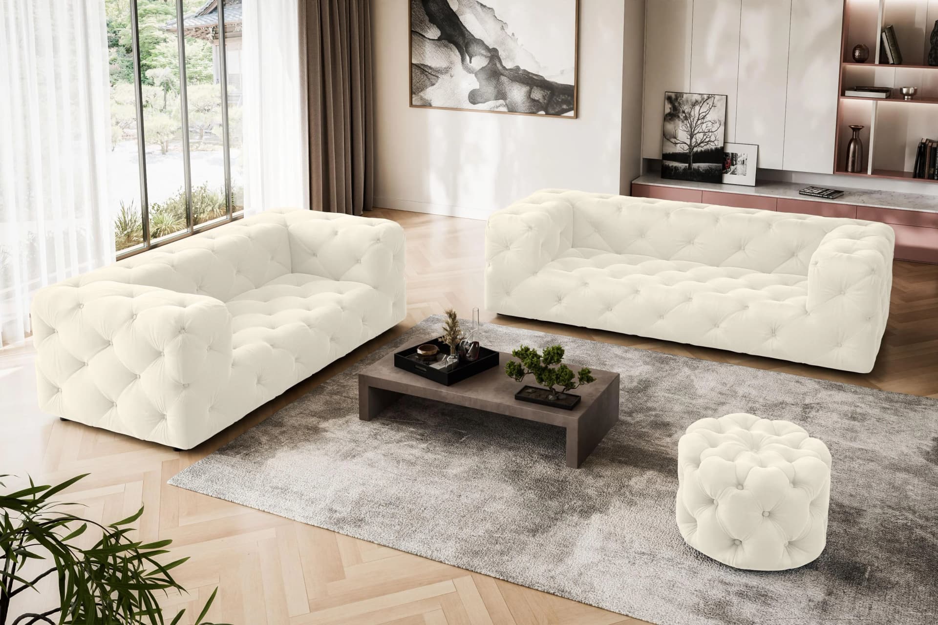 HOME AFFAIRE FOLLINA 3-Sitzer Sofa Chesterfield Creme Samt
