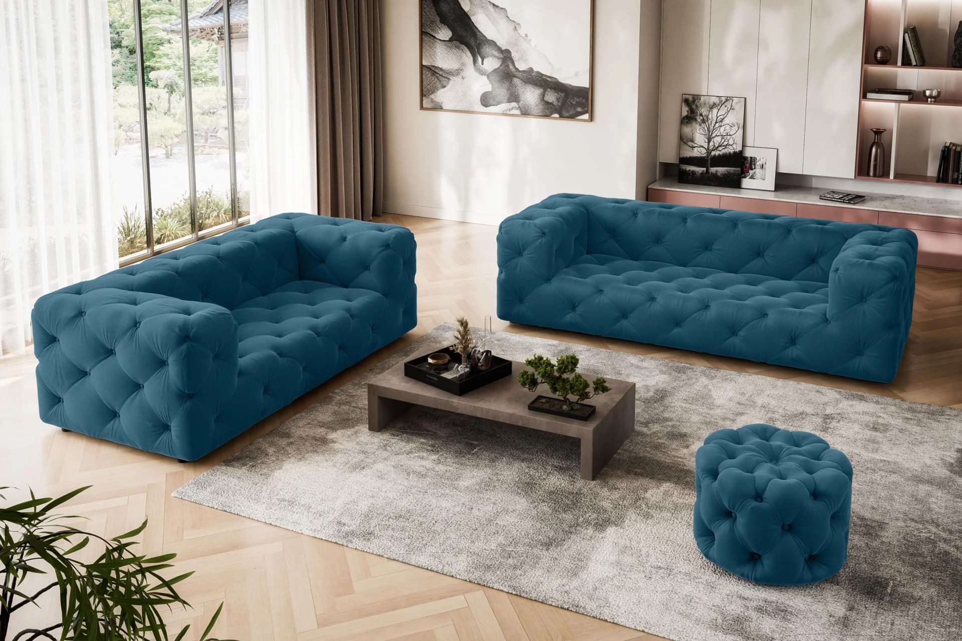 HOME AFFAIRE FOLLINA 3-Sitzer Sofa Dunkelblau Chesterfield