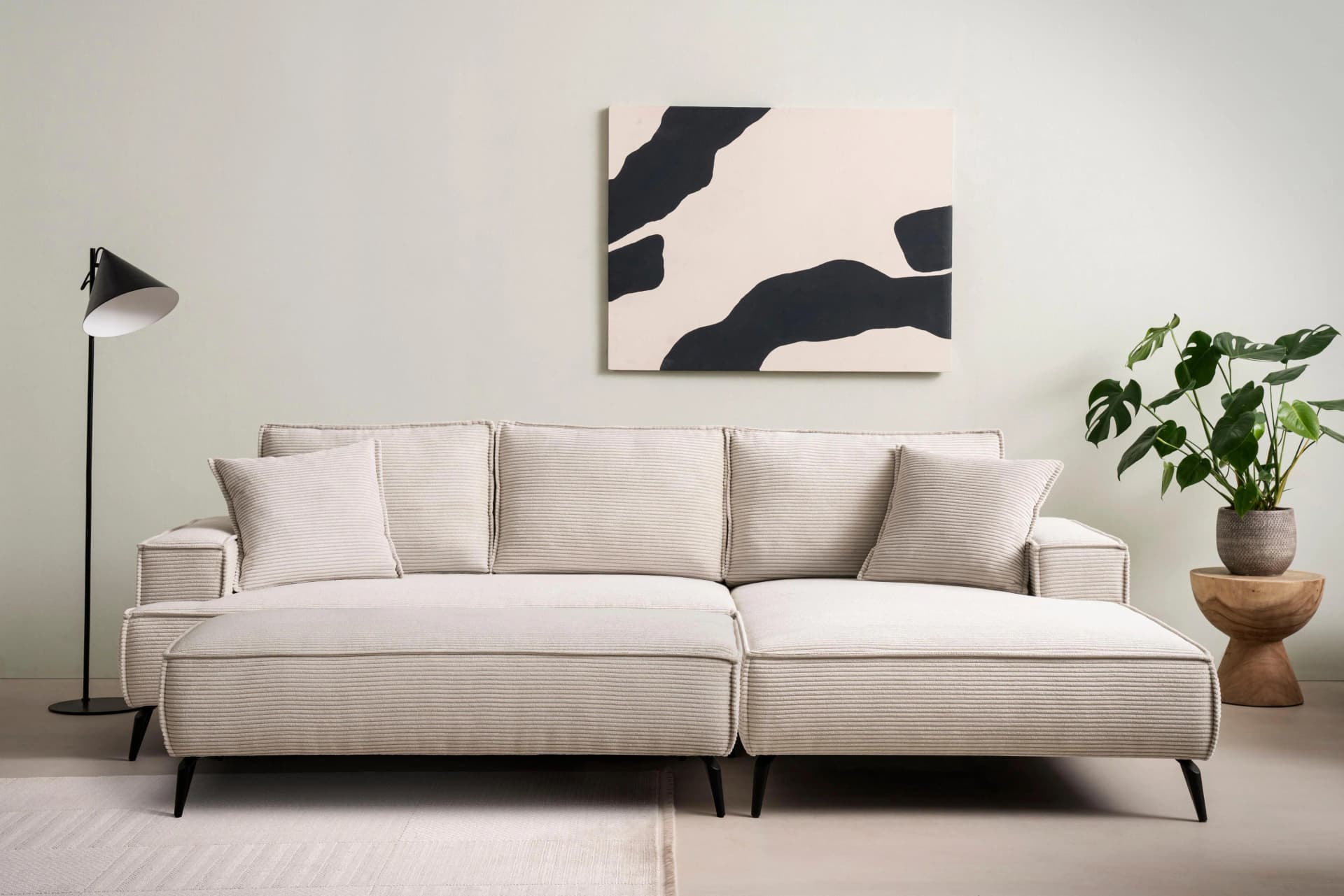 HOME AFFAIRE TVINNU Polsterecke L-Form Beige mit Schlaffunktion und Hocker