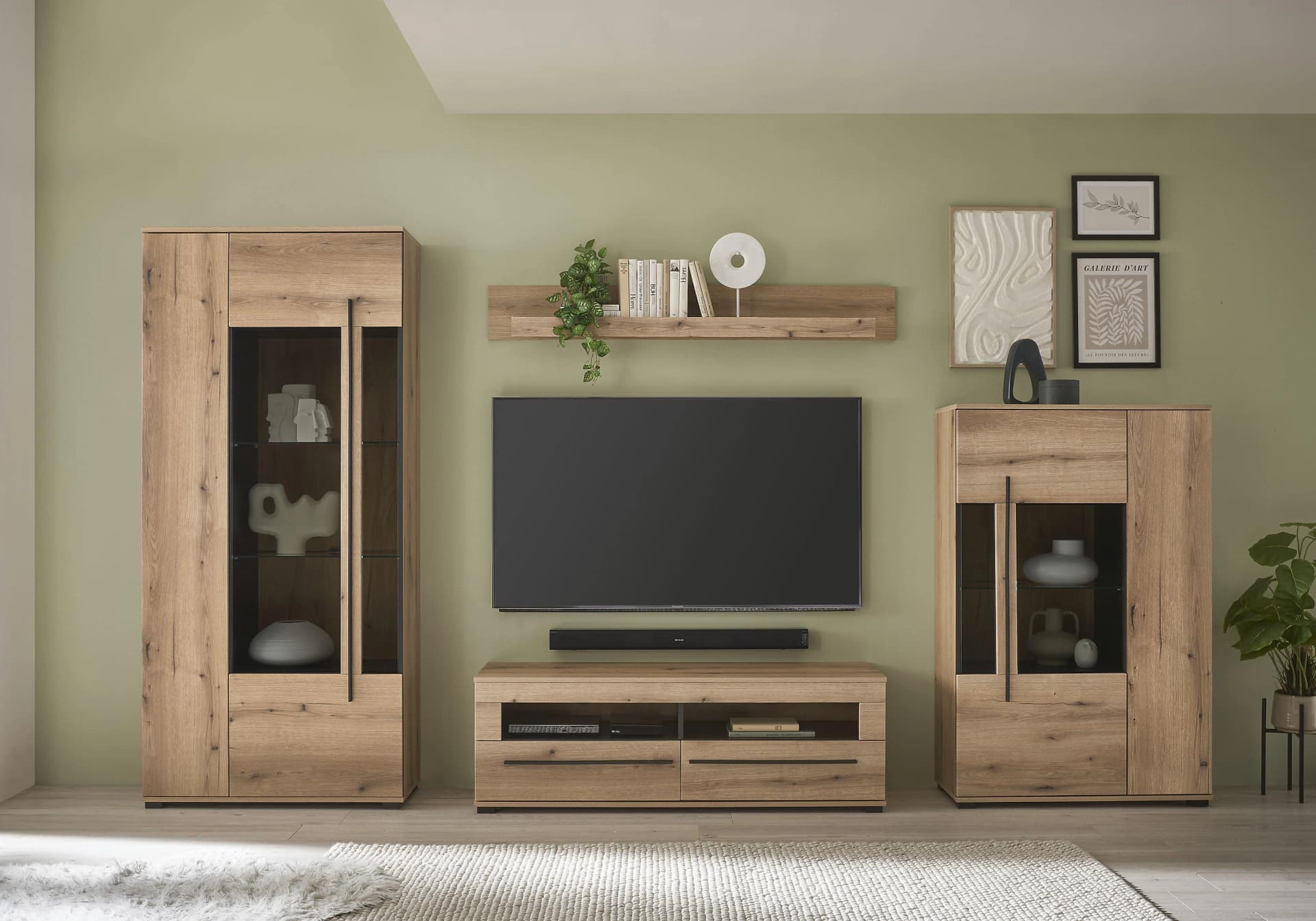 INOSIGN Wohnwand Cantara, moderne Anbauwand, Wohnzimmer-Set, in Eiche Evoke oder Weiß, (Set), enthält zwei Vitrinen, ein Lowboard und ein Wandboard