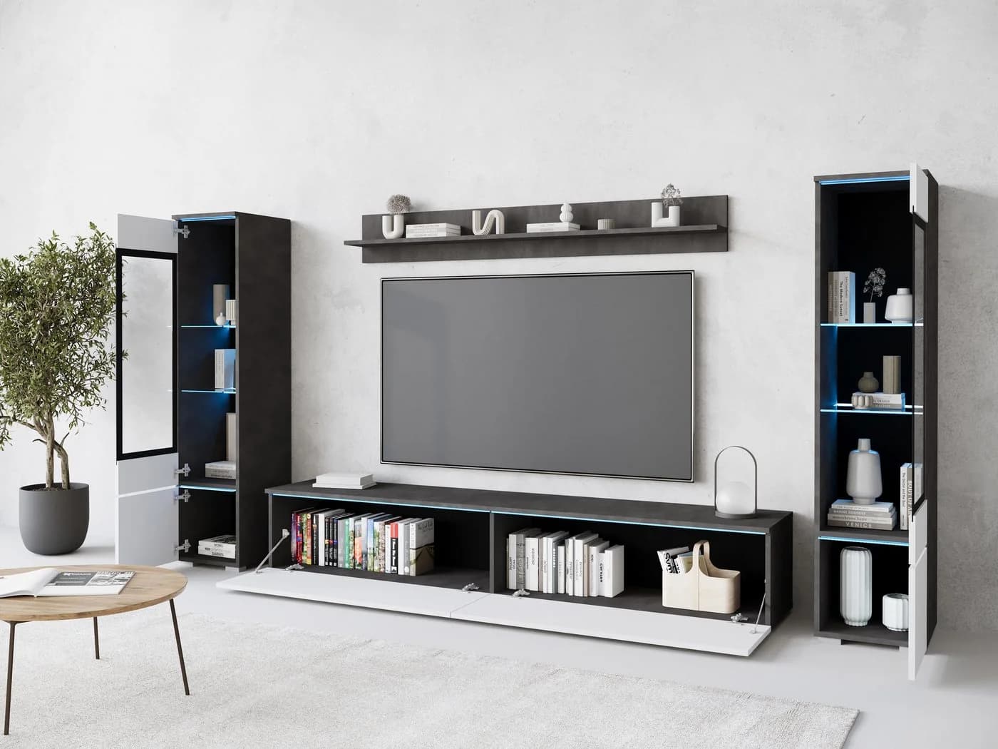 HOME AFFAIRE Wohnwand VERA II Grau/Weiß Hochglanz mit LED