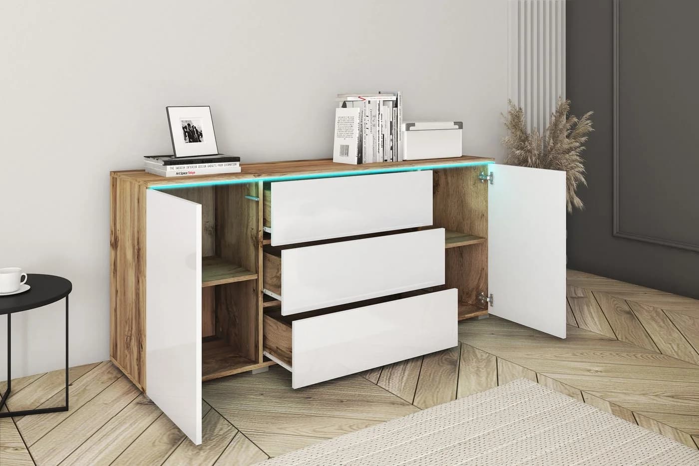 HOME AFFAIRE Sideboard VERA Weiß Hochglanz Eiche Push-to-Open