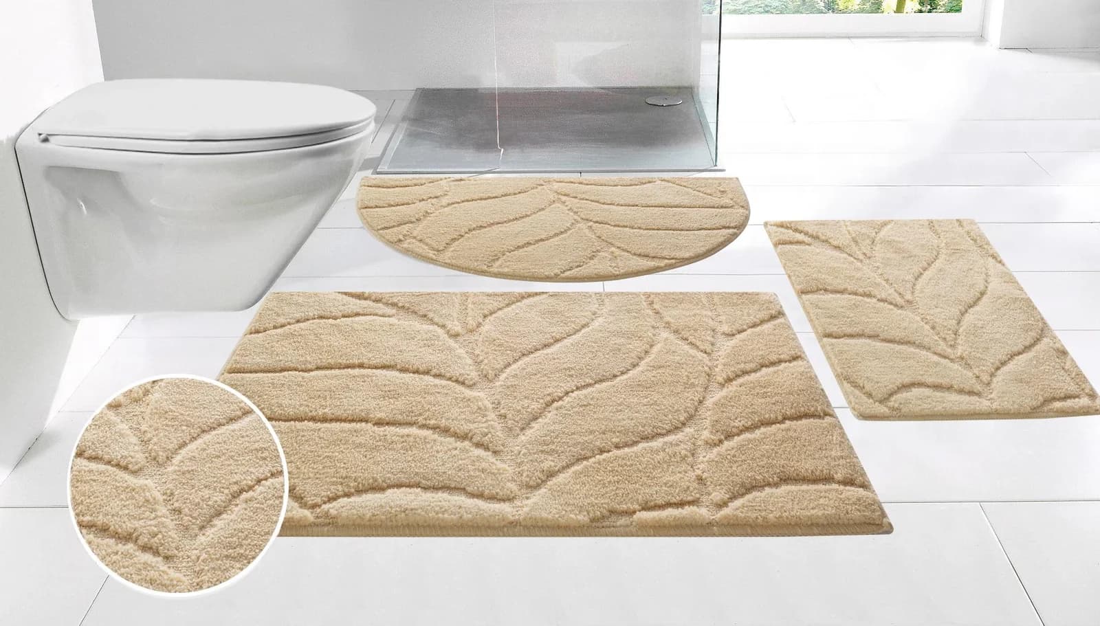 Beige Badematte mit Blatt-Motiv und Hoch-Tief-Effekt