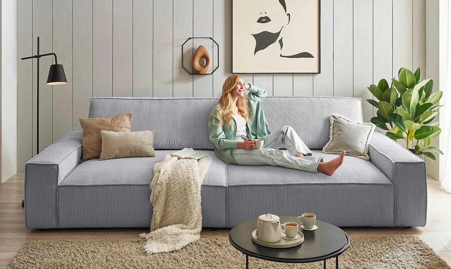 HOME AFFAIRE Big-Sofa SHERWOOD XXL Hellgrau Cord-Optik