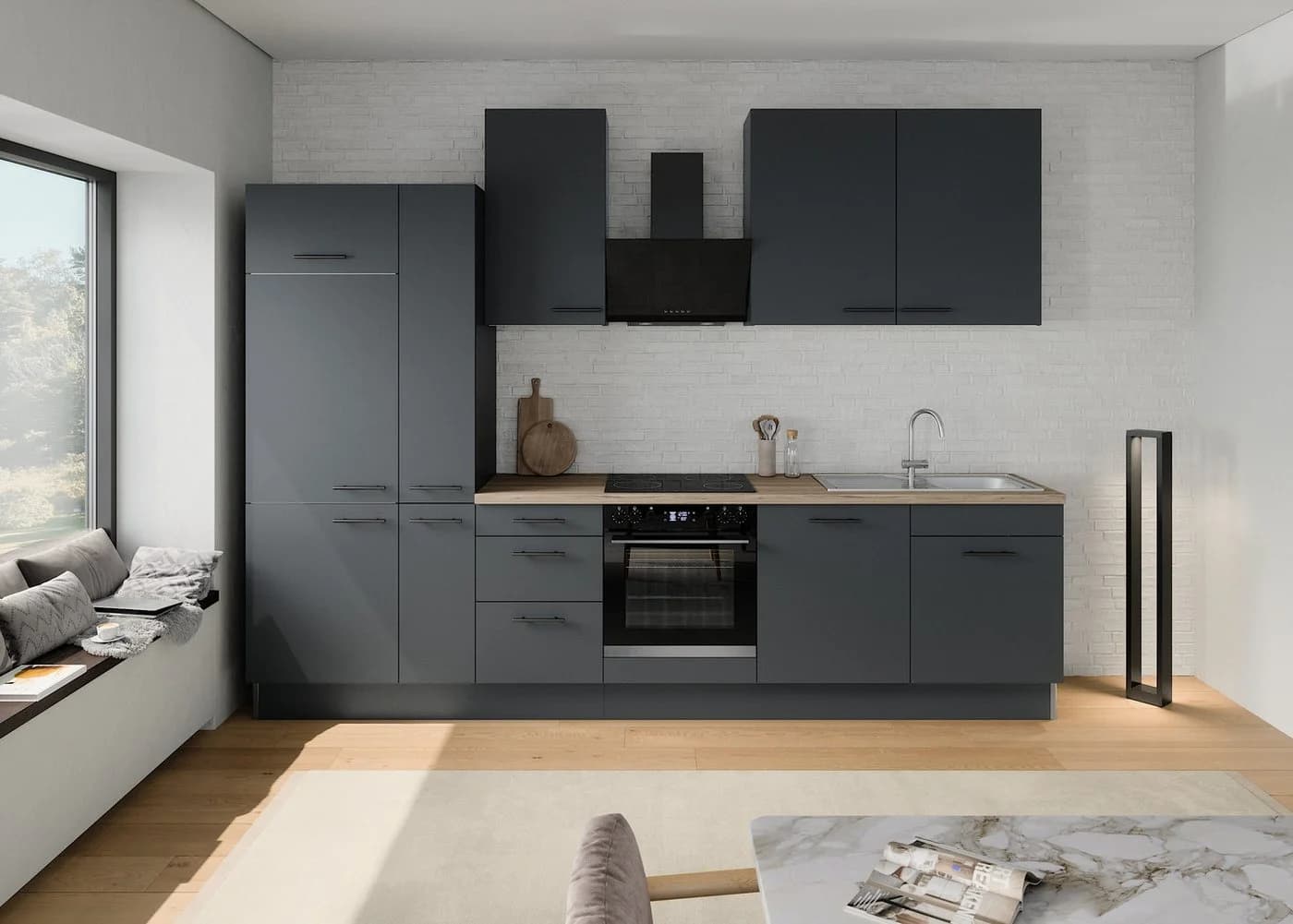 OPTIFIT Küchenzeile Fiona Anthrazit Aluminiumgriffe
