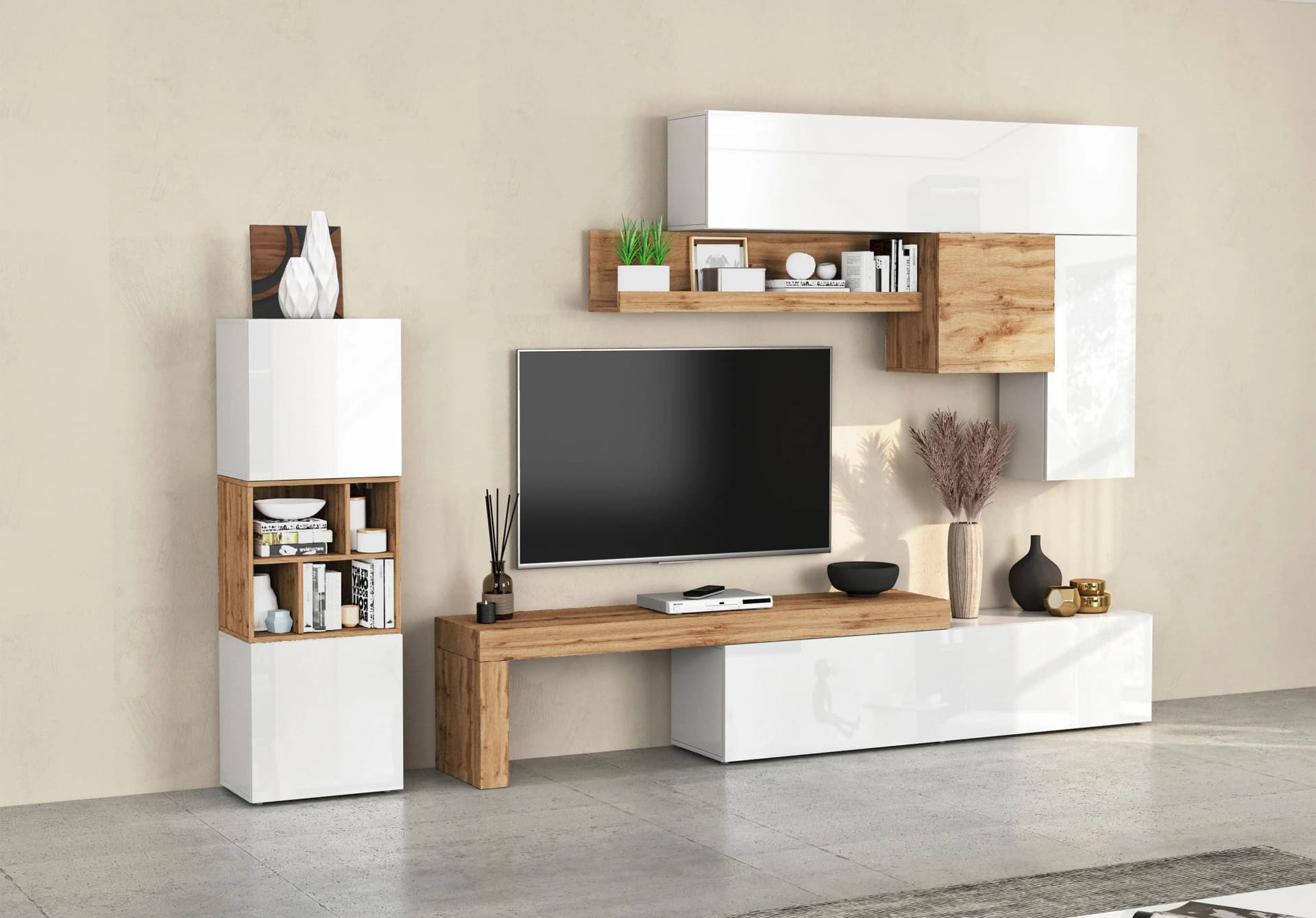 OTTO HOME Chronos Wohnwand 8-teilig Weiß/Eiche Wandmontage