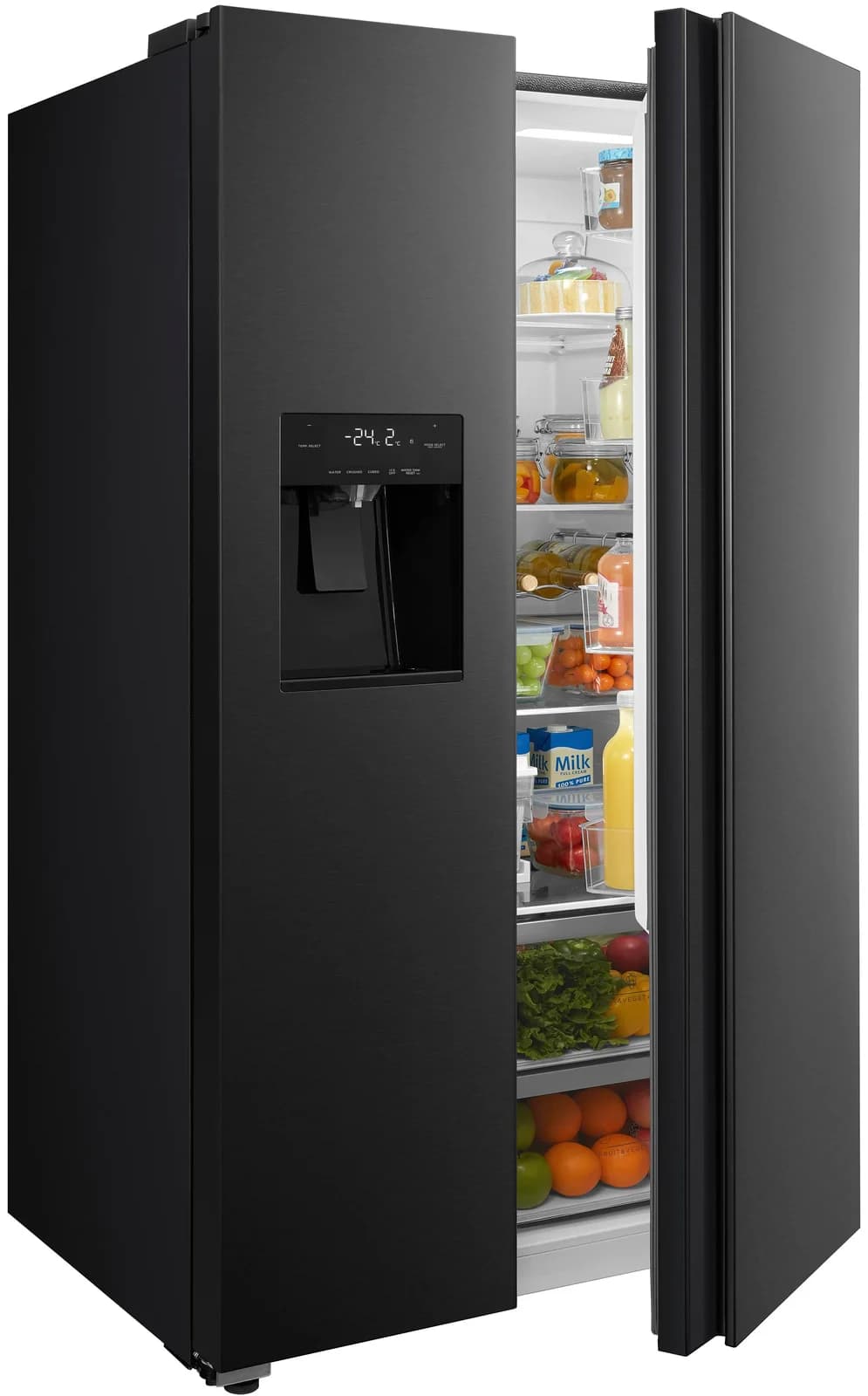 HANSEATIC Side-by-Side Kühlschrank Schwarz mit Eis-, Crushed-Ice- und Wasserspender