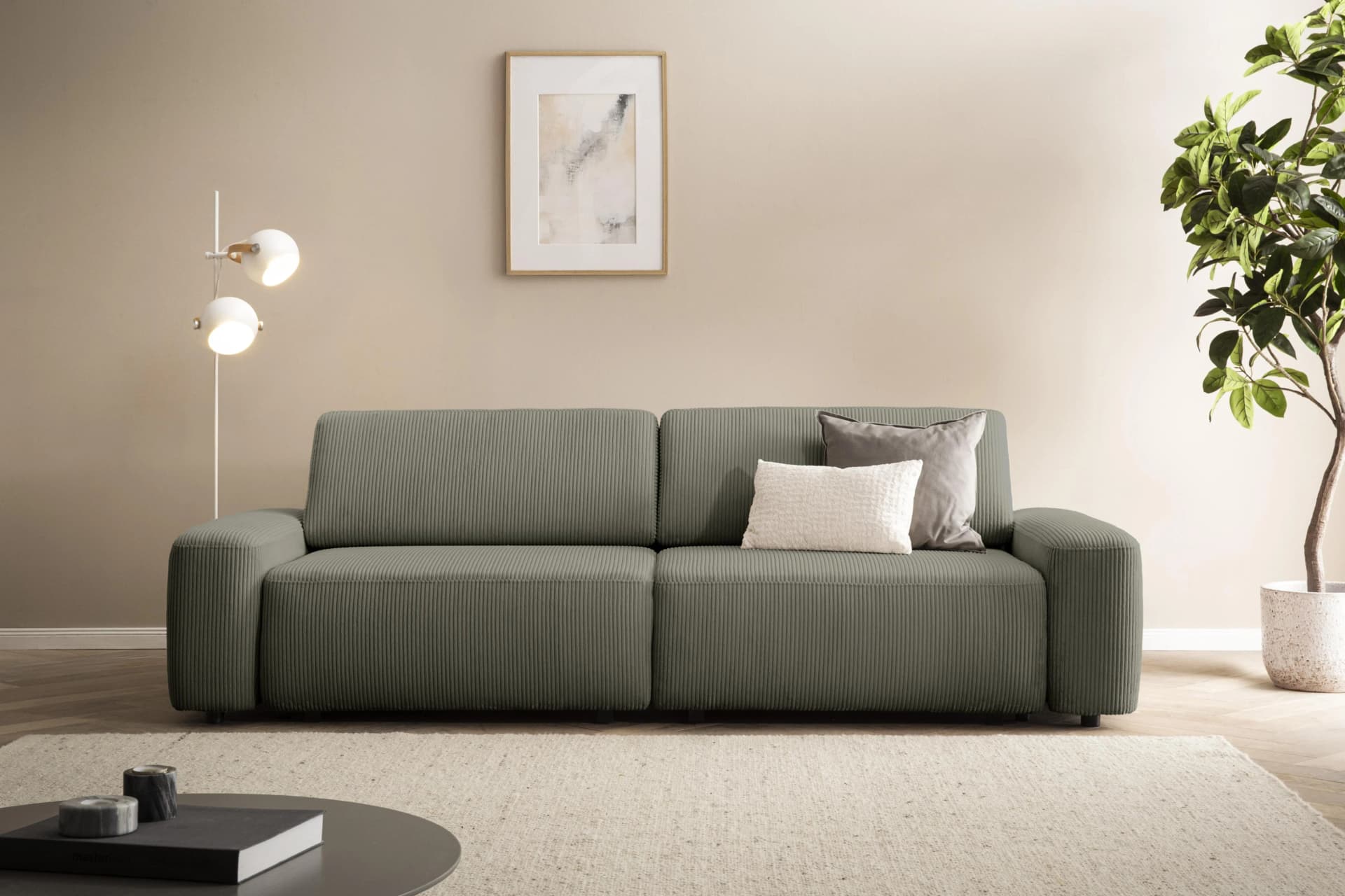 HOME AFFAIRE Torge Schlafsofa 3-Sitzer Cord Khaki mit Bettkasten