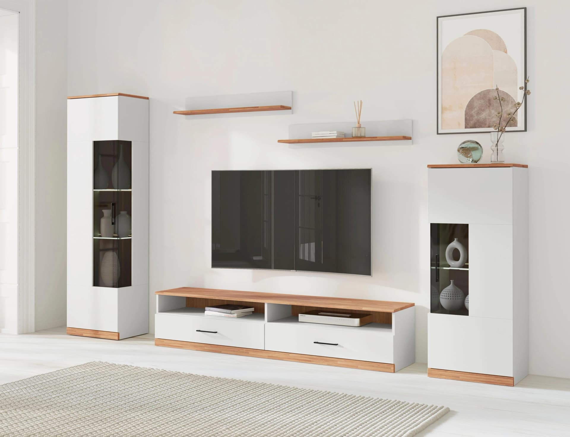 Moderne Wohnwand aus Holzwerkstoff, Massivholz und Glas