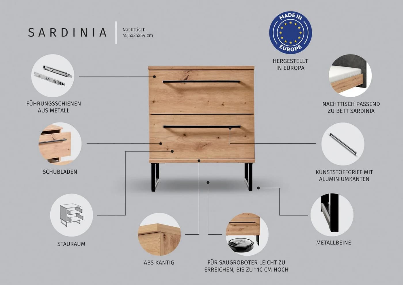 INOSIGN Nachtkommode Sardinia 2 Schubladen Braun Metallgriffe