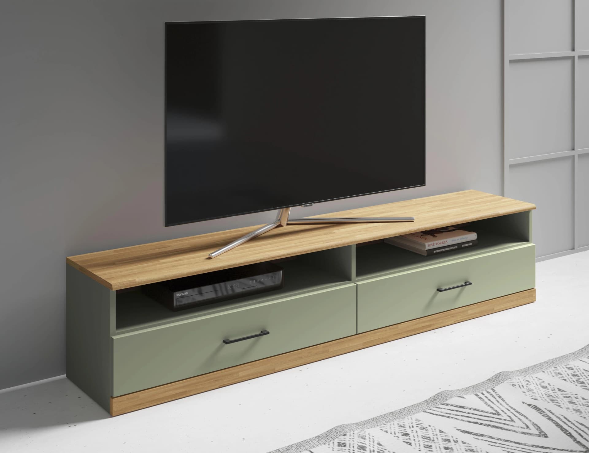 Home affaire Lowboard Ribe 140 cm breit, 38 cm hoch, 2 Klappen, Massivholz Eiche, Salbeigrün