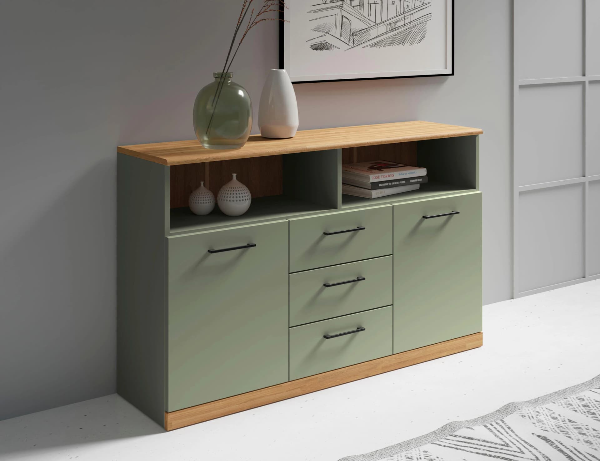 Sideboard HOME AFFAIRE Ribe 130 cm breit, 80 cm hoch, 6 Fächer, Salbei/Eiche