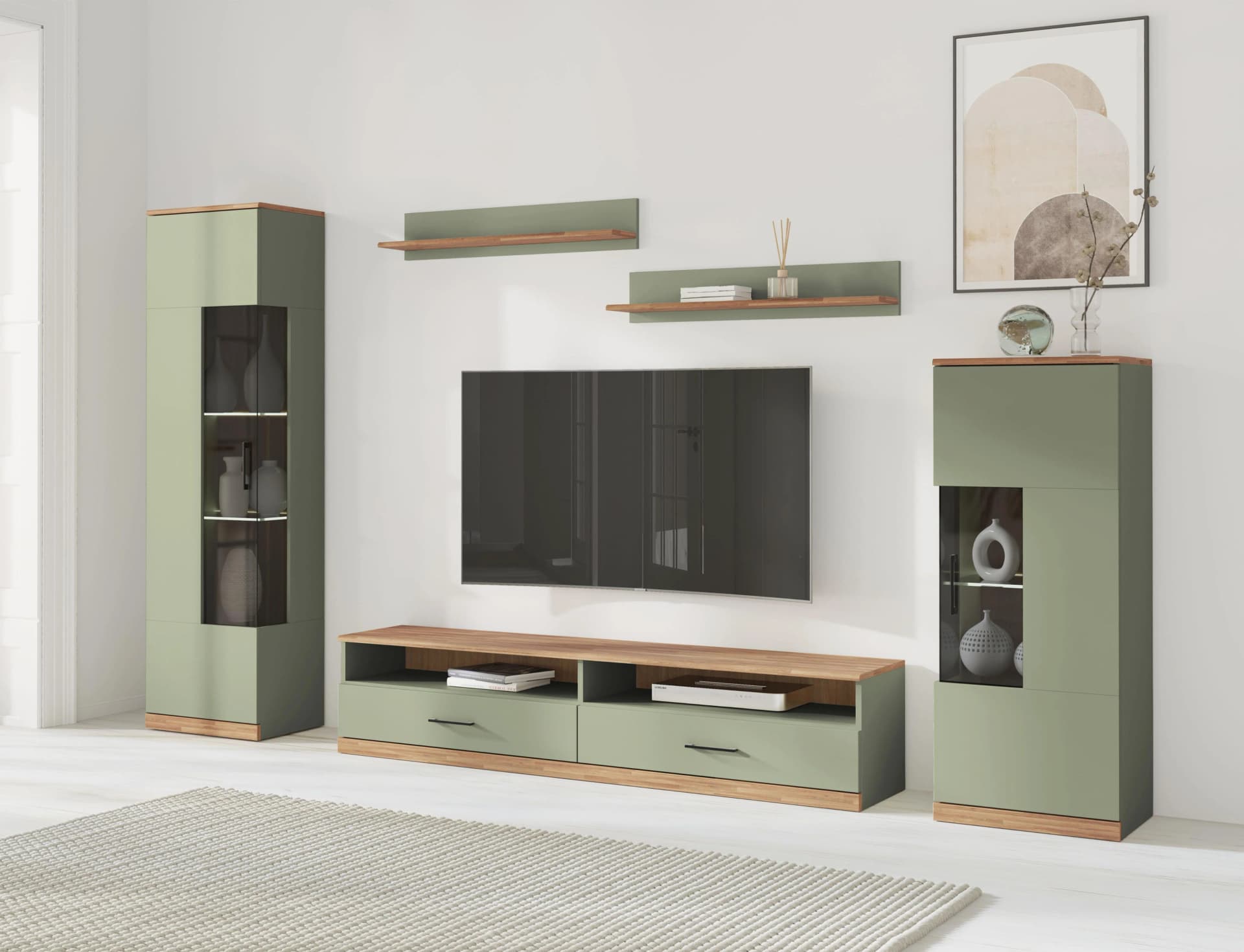 HOME AFFAIRE Wohnwand Ribe Set-5 St. Eiche Massiv Salbei