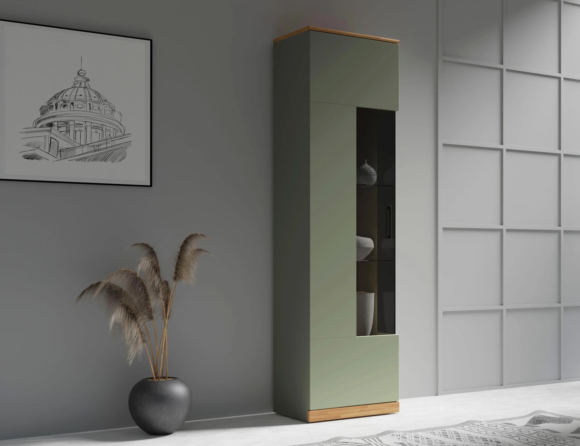 Vitrine HOME AFFAIRE Ribe 180cm Hoch 5 Fächer 2 Glasböden Variabel Einsetzbar Salbei Eiche