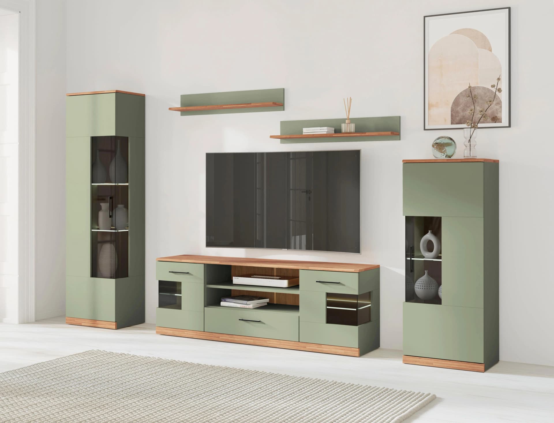 Home Affaire Wohnwand Ribe, Set-5 St., Oberplatten Eiche massiv, viel Stauraum, salbei, eiche, Holzwerkstoff, Massivholz, Glaseinsatz aus gehärtetem Glas, Böden teilweise versetzbar