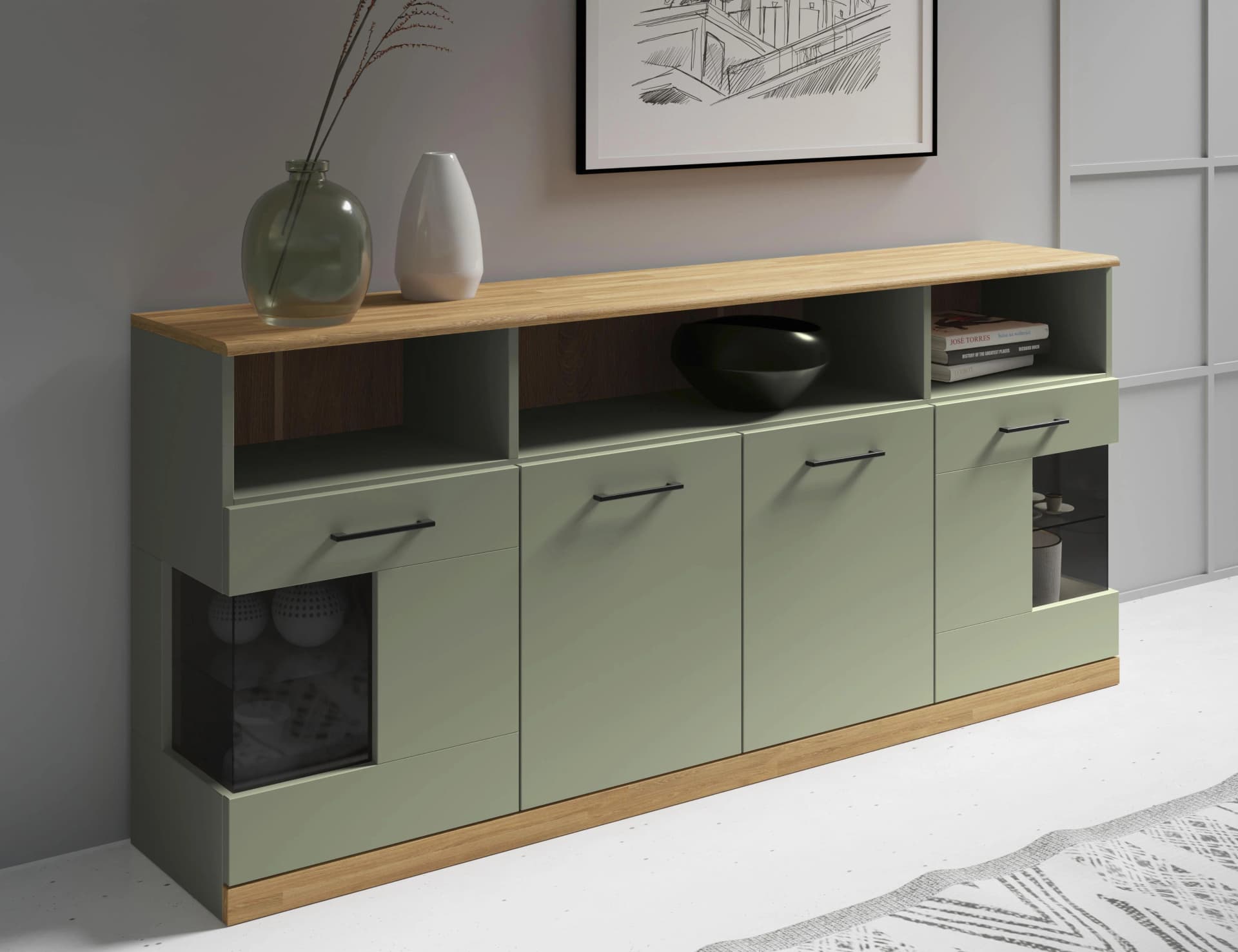 Sideboard HOME AFFAIRE Ribe 180 cm breit, 80 cm hoch, 9 Fächer, salbei, eiche, FSC-zertifizierter Holzwerkstoff, Massivholz