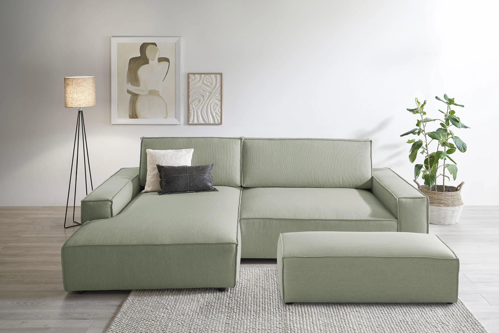 Home Affaire SHERWOOD XXL Polsterecke L-Form Hellgrün mit Schlaffunktion