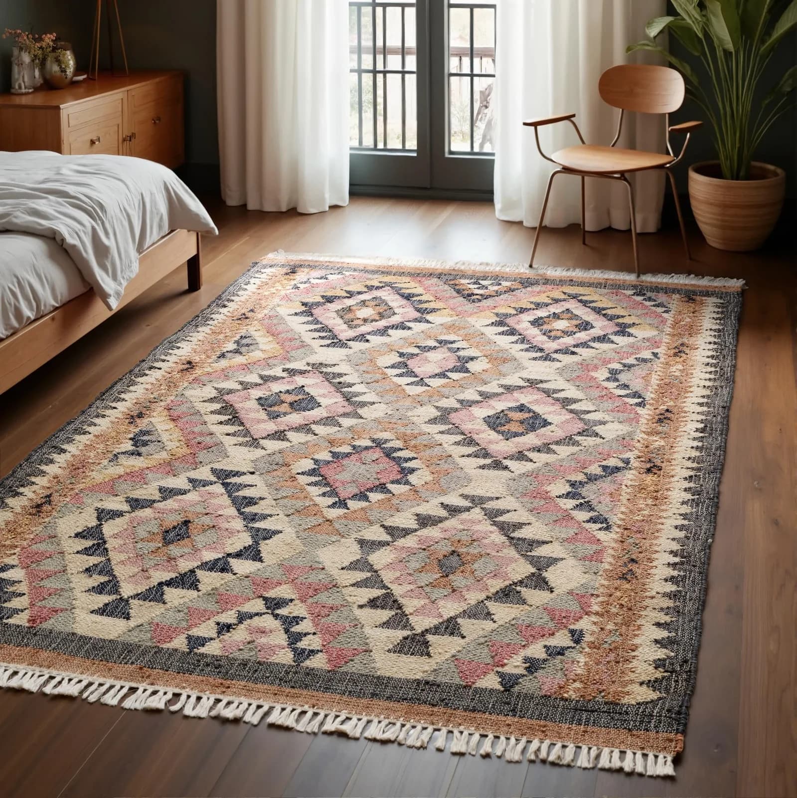 ELLE DECORATION Kelim Parsa Teppich Creme Multifarben Handgewebt