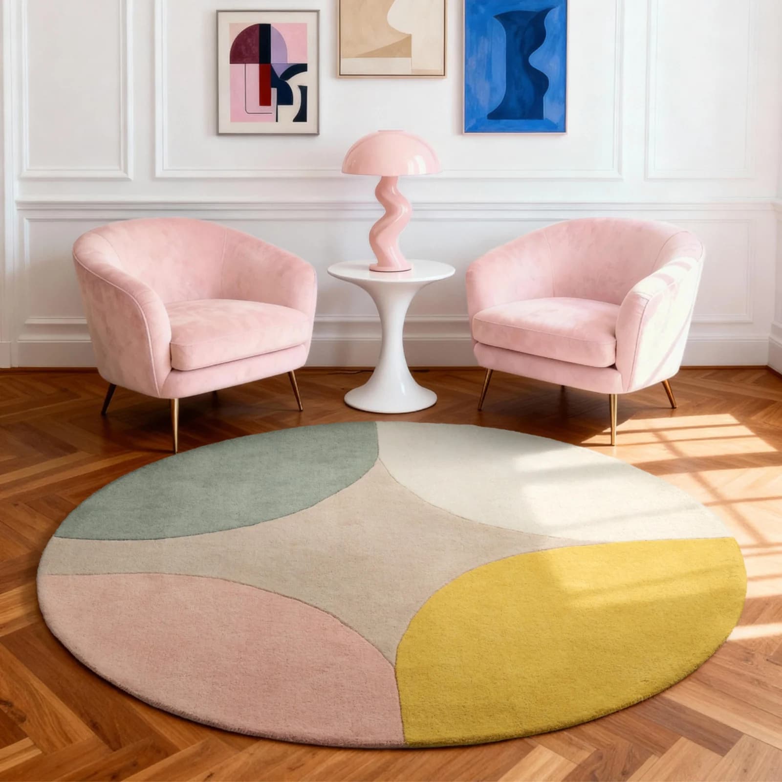 Ted Baker Wollteppich Cecil Rund Beige Multifarben Retro Design