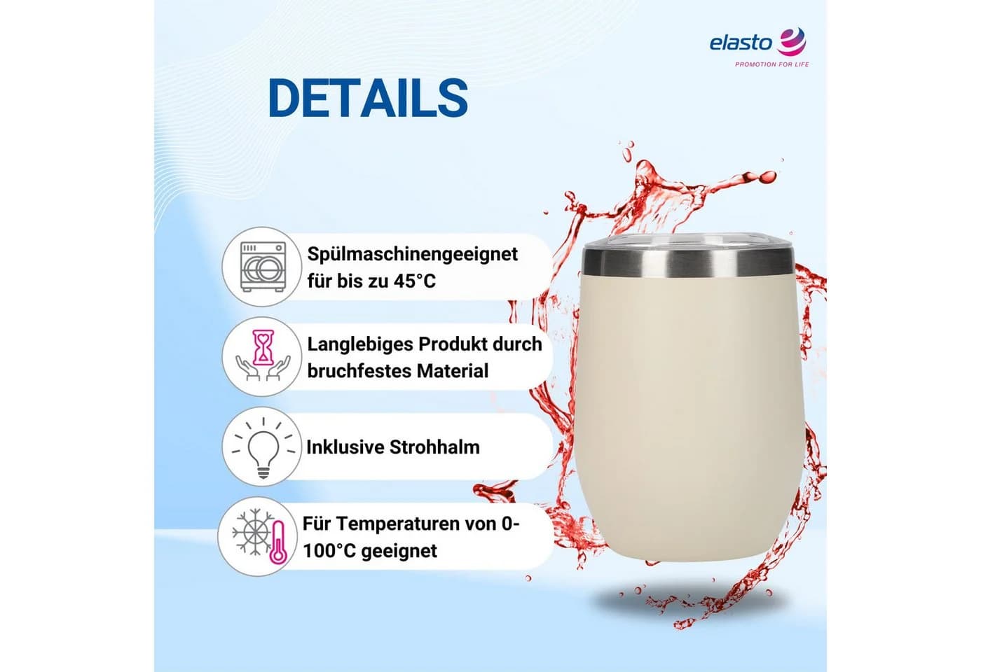 elasto Weinbecher 350 ml Vinova Edelstahl mit Strohhalm