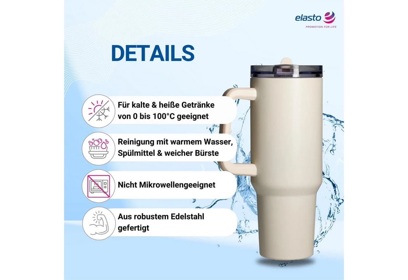 elasto Trinkbecher Edelstahl 1,2l mit Deckel & Strohhalm beige