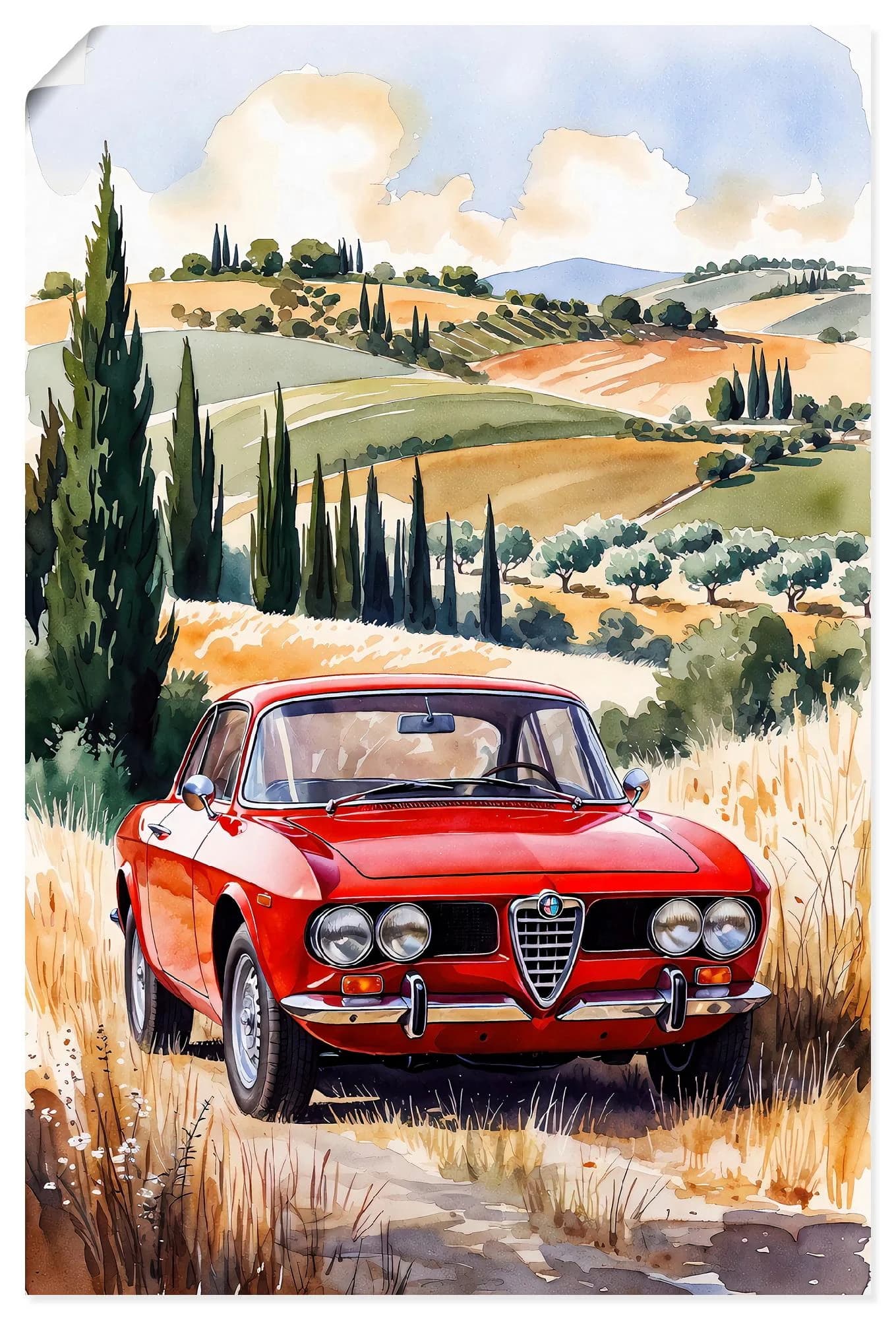 ARTLAND Wandbild Roter Alfa Romeo in der Toscan Rot