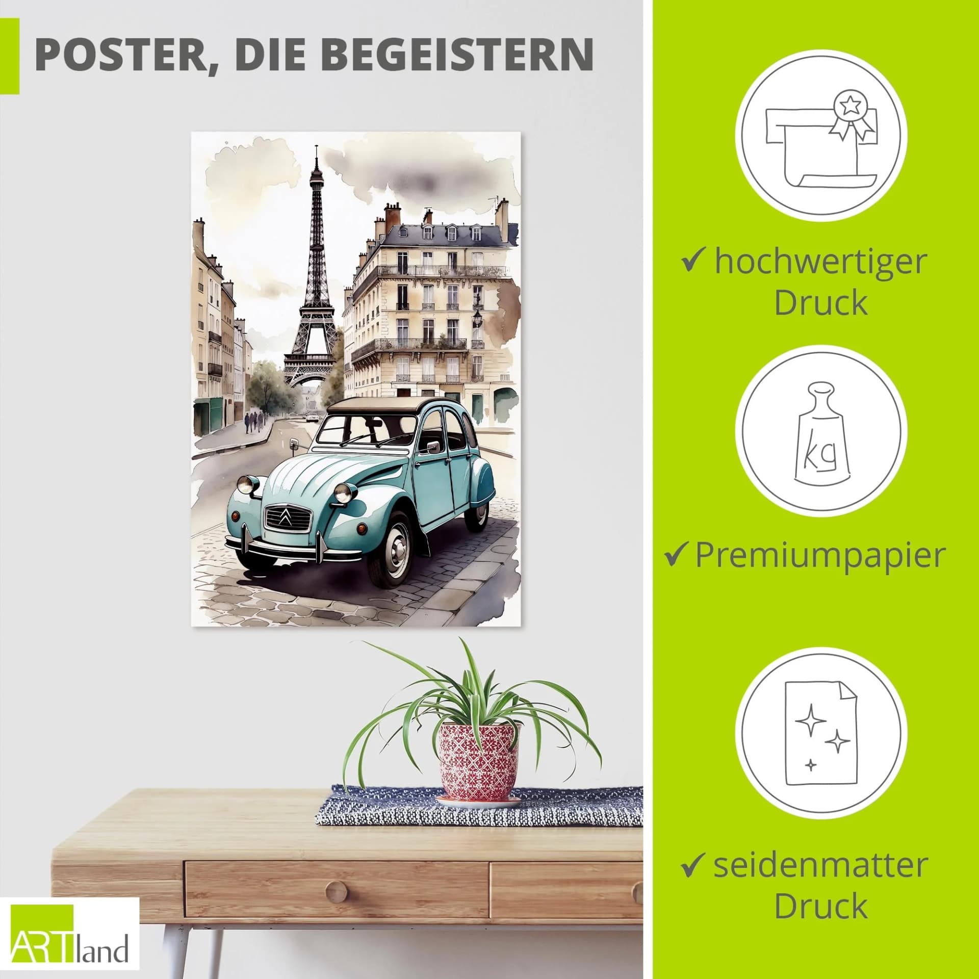 ARTLAND Wandbild 2CV Ente Blau Kunstdruck