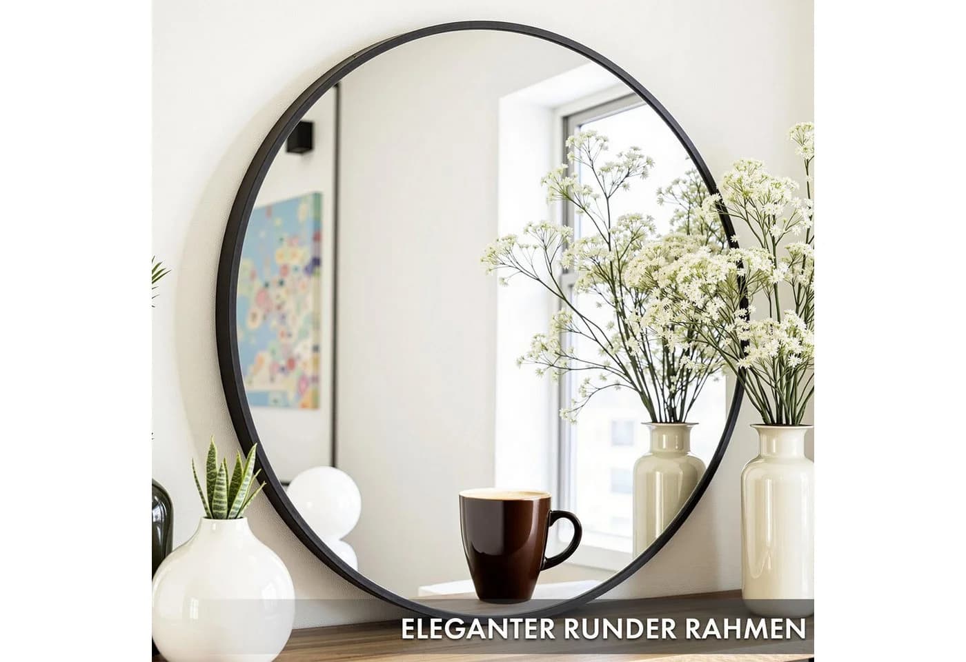 Floordirekt Wandspiegel Bella, Runder Spiegel mit schwarzem Aluminiumrahmen, 3 Größen