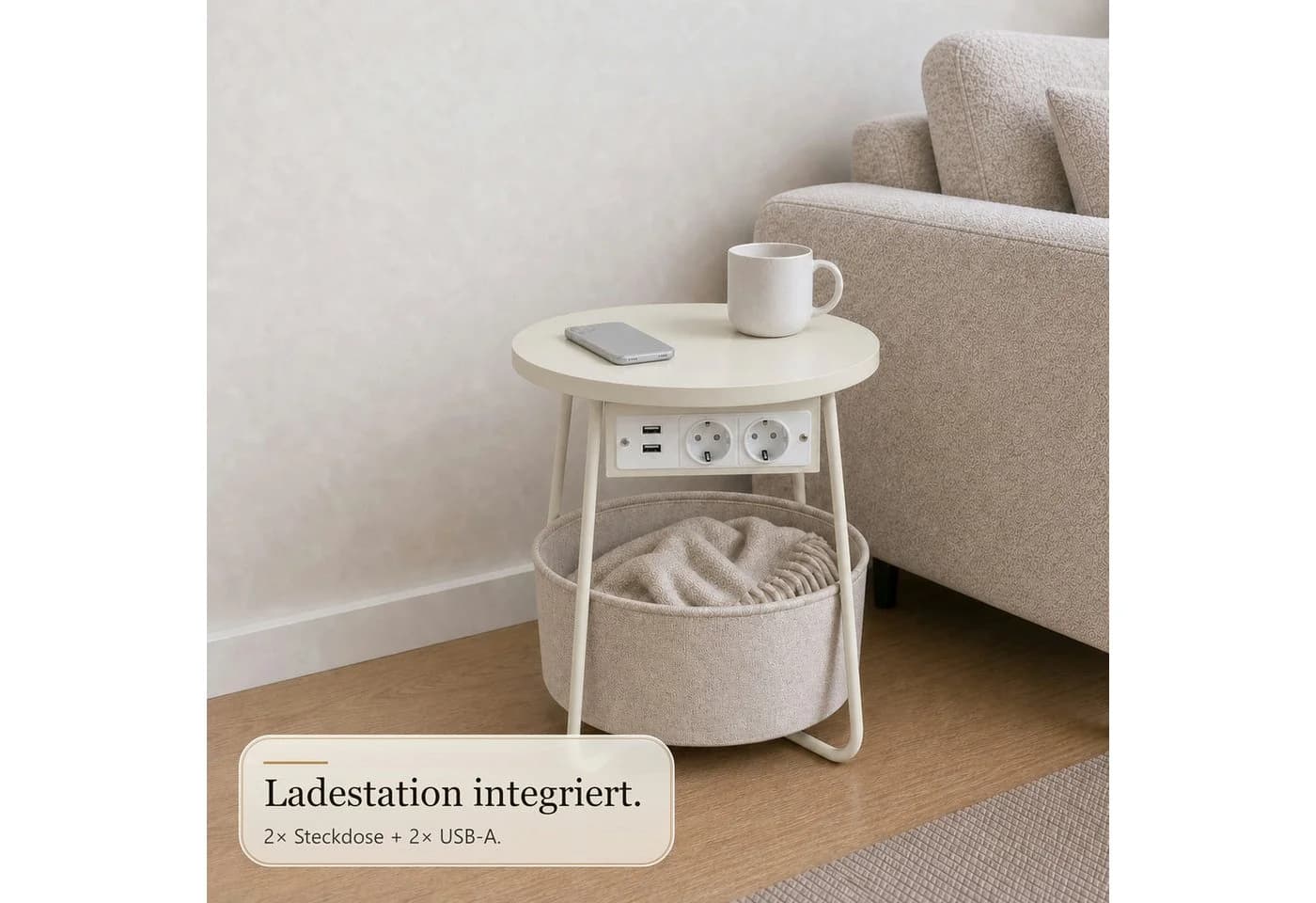 Floordirekt Couchtisch Dario Rund Beige mit Steckdosen & USB