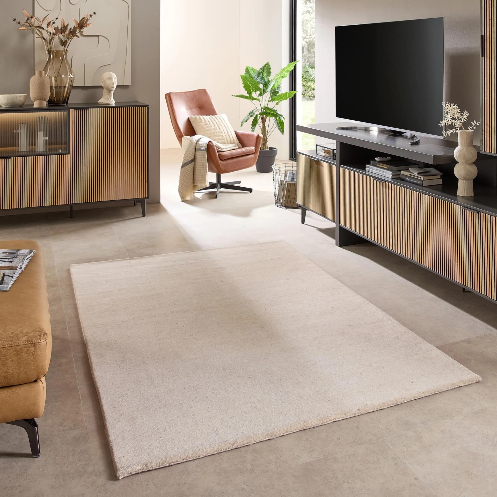 THEKO Wollteppich Skylight Uni Beige Handgeknüpft
