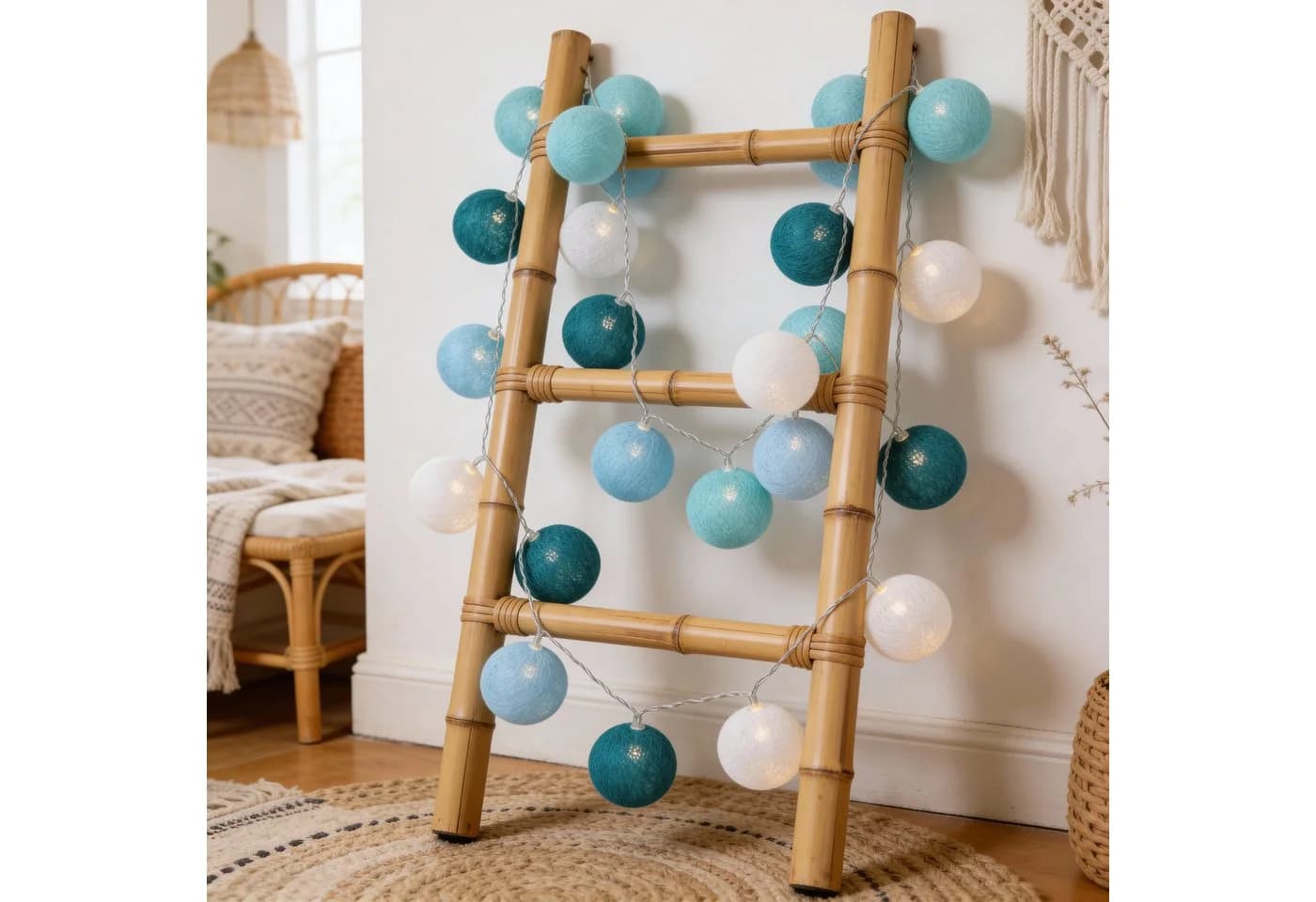 Guru-Shop LED-Lichterkette Stoff Ball Türkis/Weiß 20er Kugel
