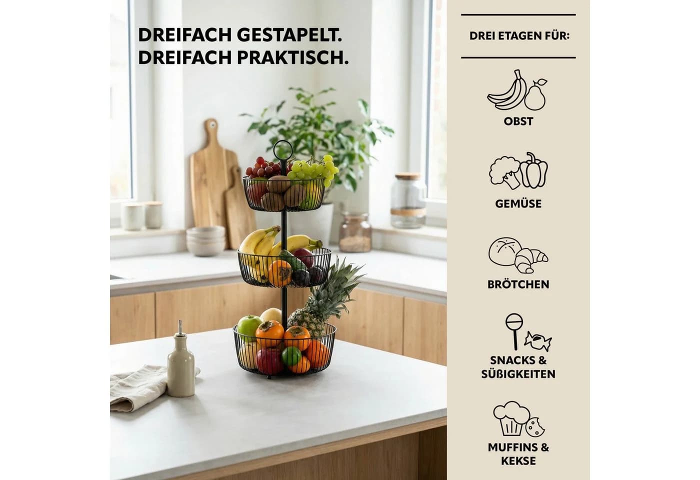 eluno 3-stöckige Obstschale rund schwarz Metall