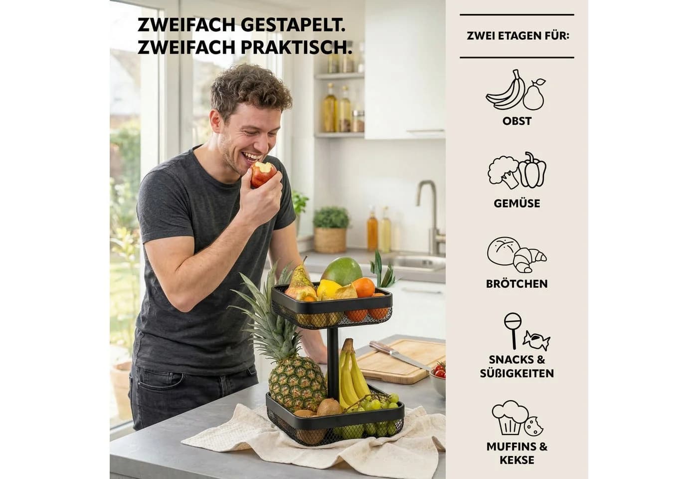 eluno Obstschale 2-stöckig Schwarz Metall